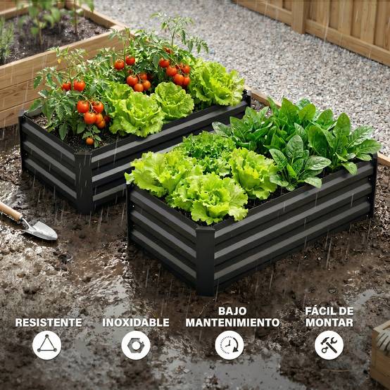 Lot de 2 jardinières rectangulaires d'extérieur en acier pour la culture de plantes et de fleurs sur terrasse, 100 x 60 x 30 cm, gris foncé - Image 9