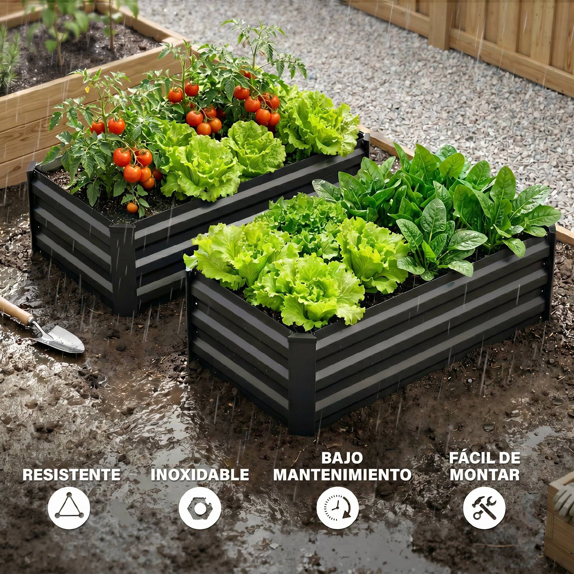 Lot de 2 jardinières rectangulaires d'extérieur en acier pour la culture de plantes et de fleurs sur terrasse, 100 x 60 x 30 cm, gris foncé - Image 9