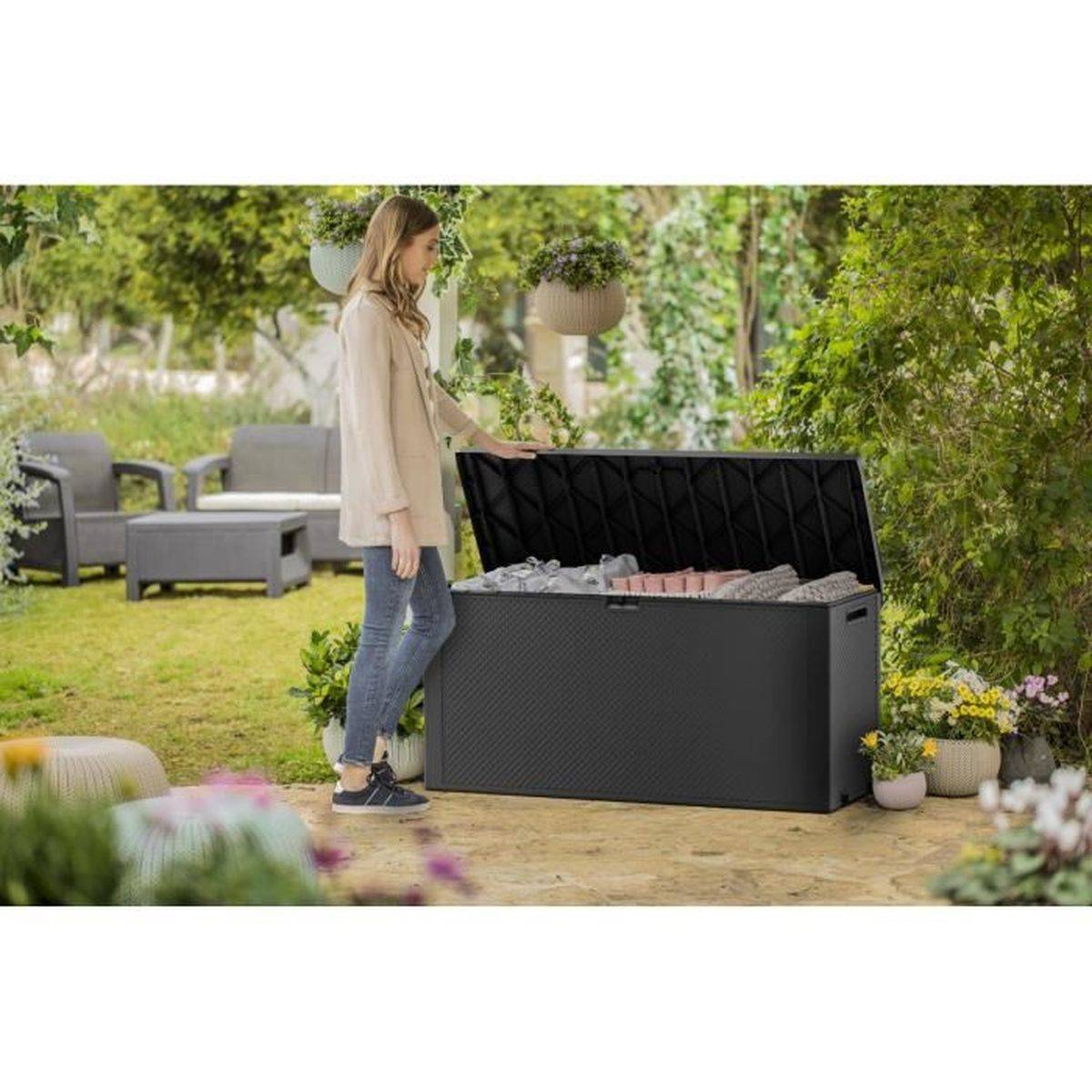 Keter - Coffre de rangement extérieur en résine polypropylène 277 L gris anthracite - Finition rotin tressé - Keter - Image 5