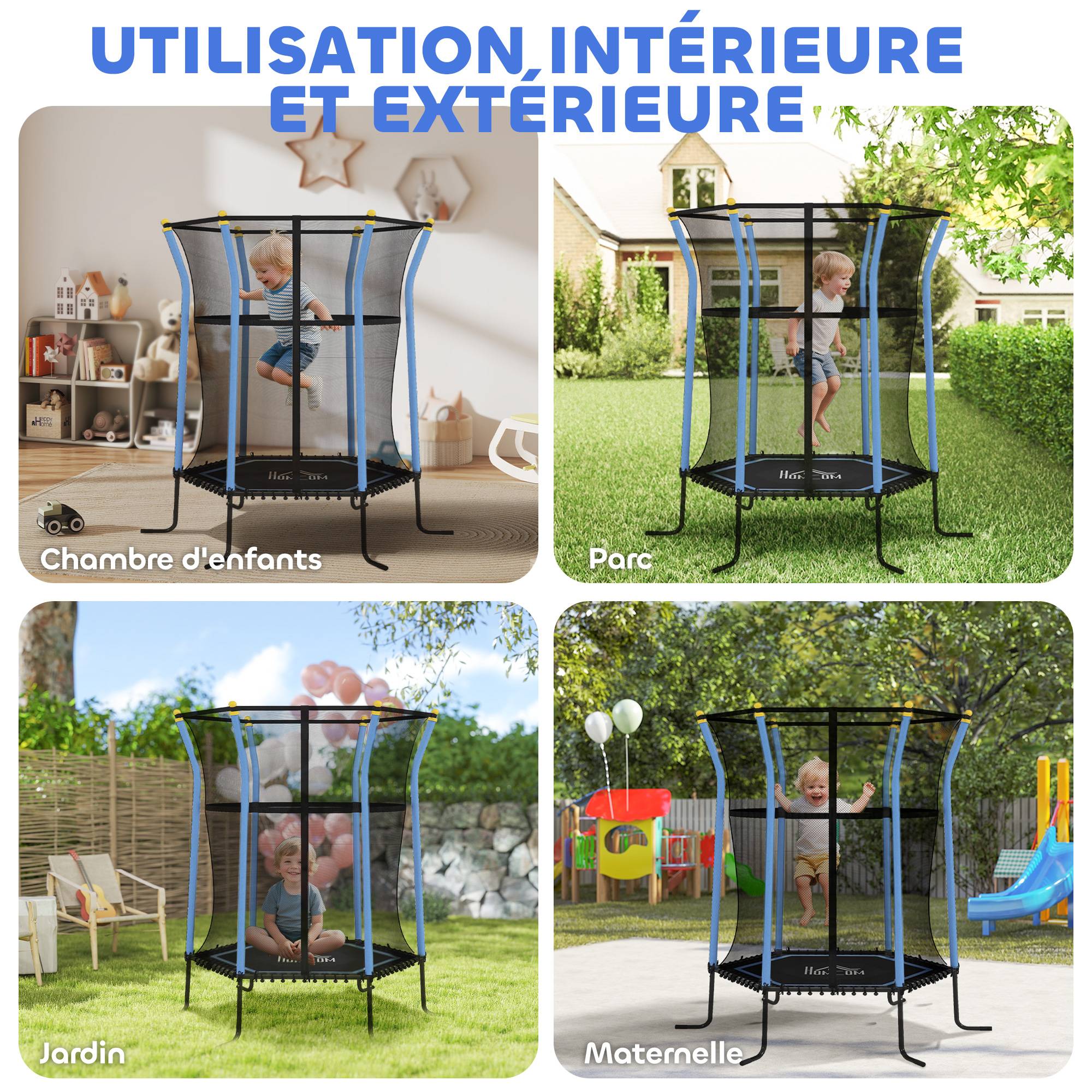 Trampoline pour enfant Ø 1,63 x 1,9 m filet de sécurité porte zippée 6 poteaux rembourrés inclus - Image 9