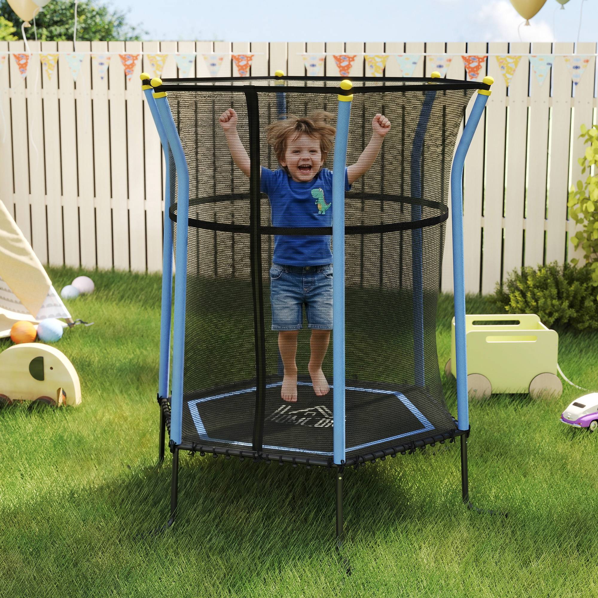 Trampoline pour enfant Ø 1,63 x 1,9 m filet de sécurité porte zippée 6 poteaux rembourrés inclus - Image 3