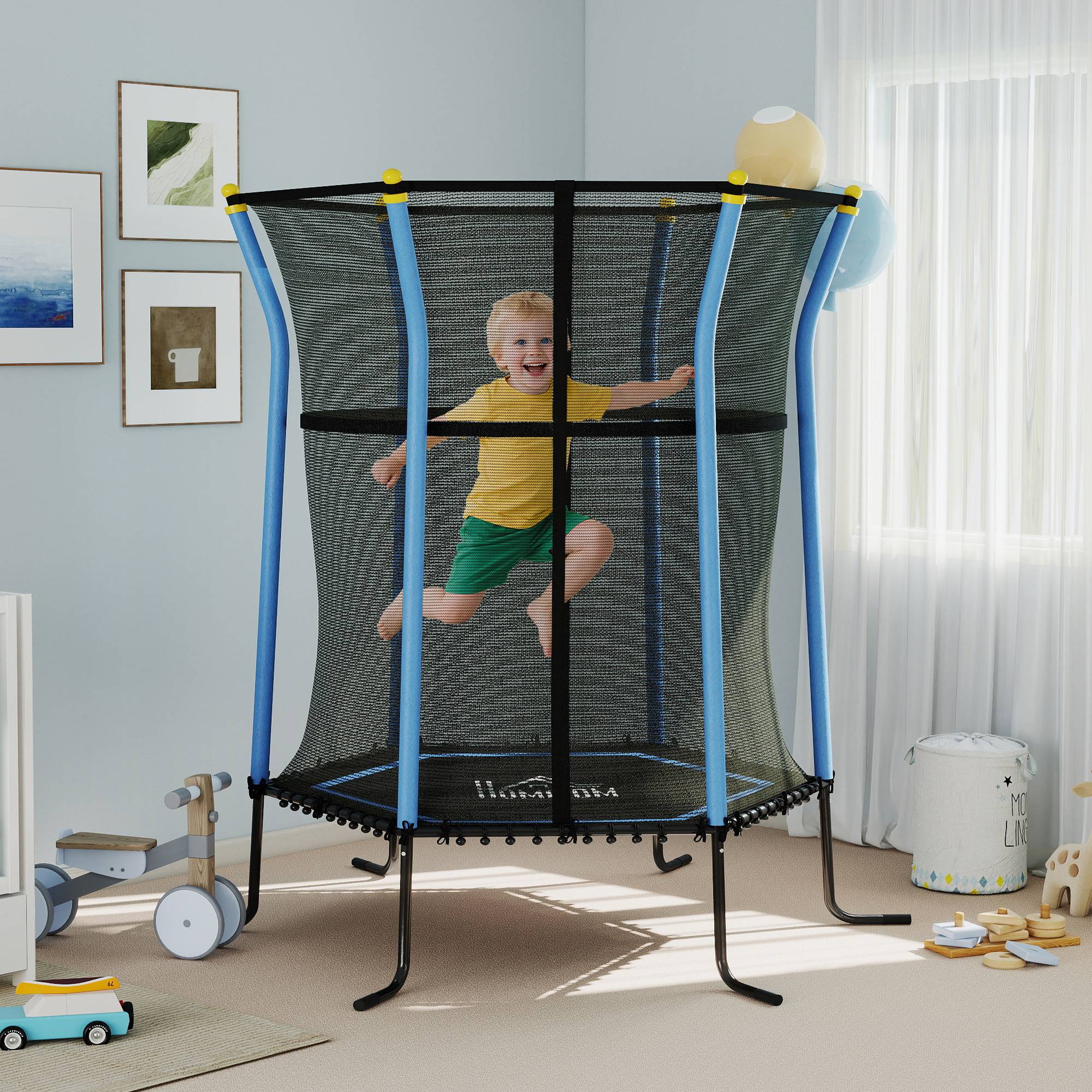 Trampoline pour enfant Ø 1,63 x 1,9 m filet de sécurité porte zippée 6 poteaux rembourrés inclus - Image 4