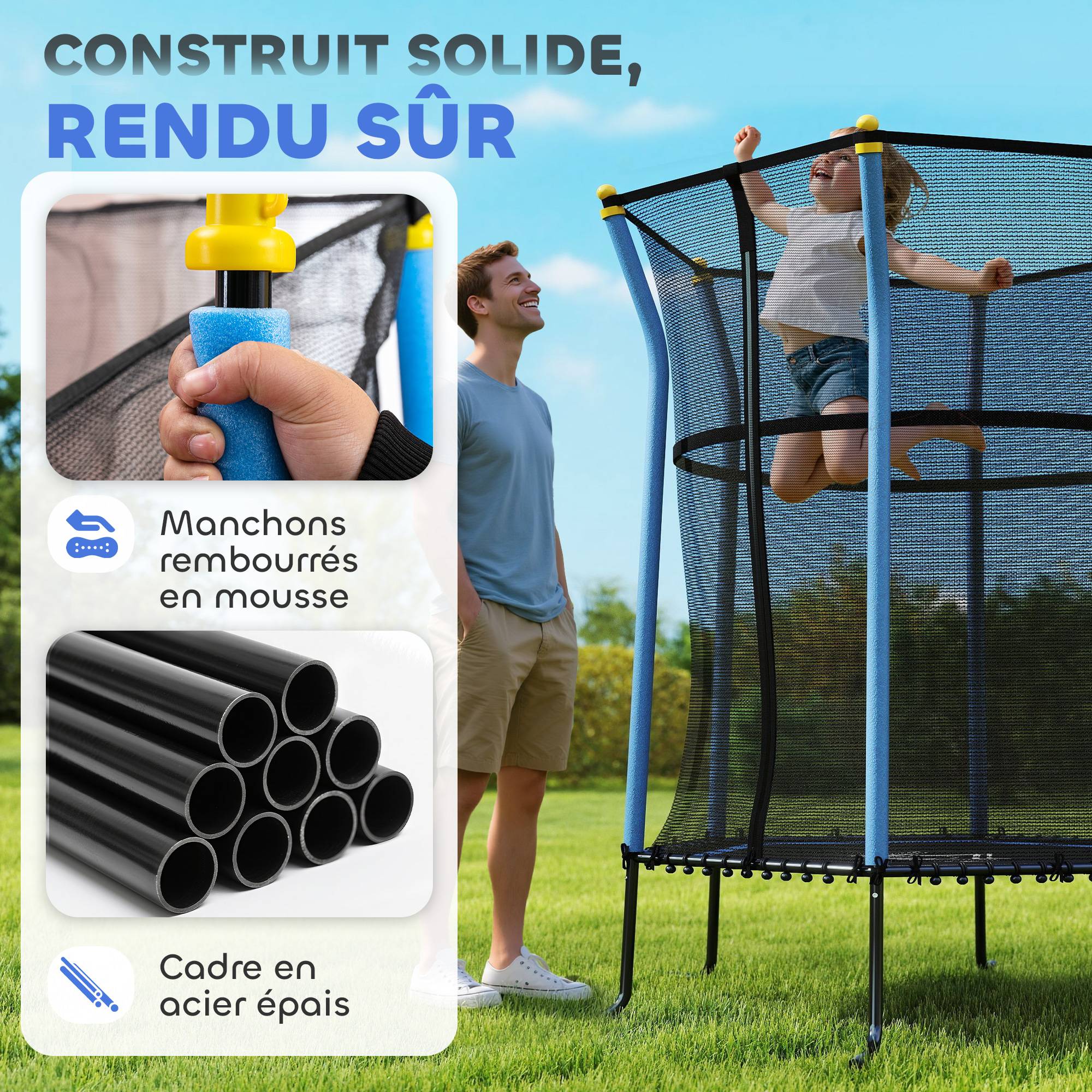 Trampoline pour enfant Ø 1,63 x 1,9 m filet de sécurité porte zippée 6 poteaux rembourrés inclus - Image 6