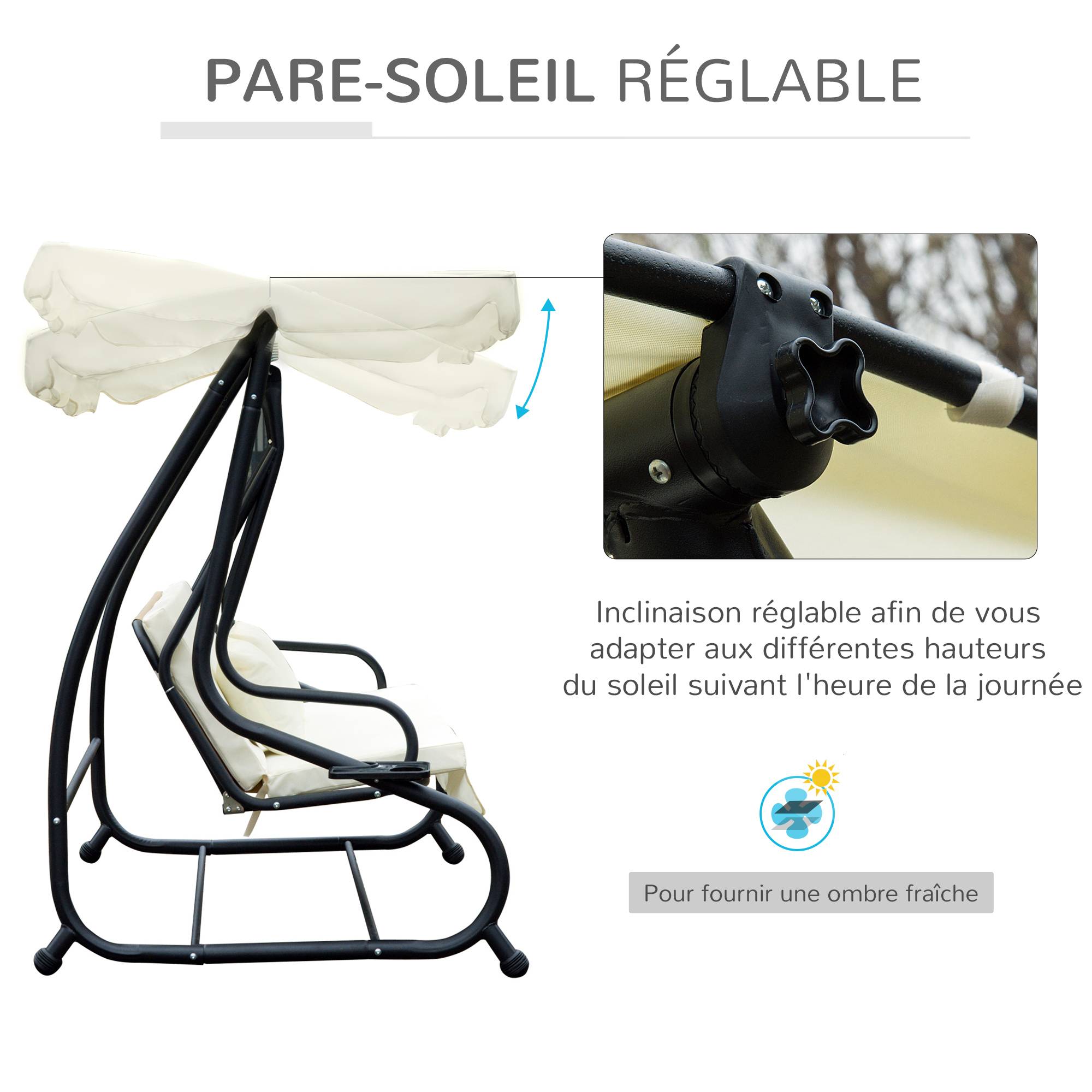 Outsunny - Balancelle de jardin 3 places convertible toit inclinaison réglable 2 tablettes support acier époxy gris polyester crème - Image 6