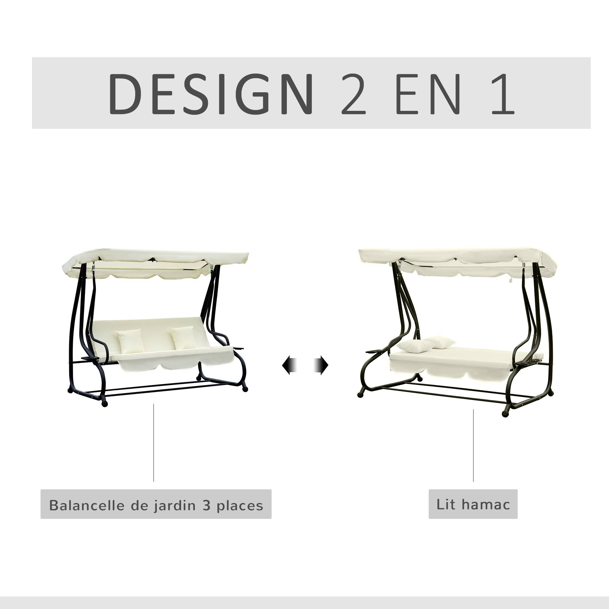 Outsunny - Balancelle de jardin 3 places convertible toit inclinaison réglable 2 tablettes support acier époxy gris polyester crème - Image 3