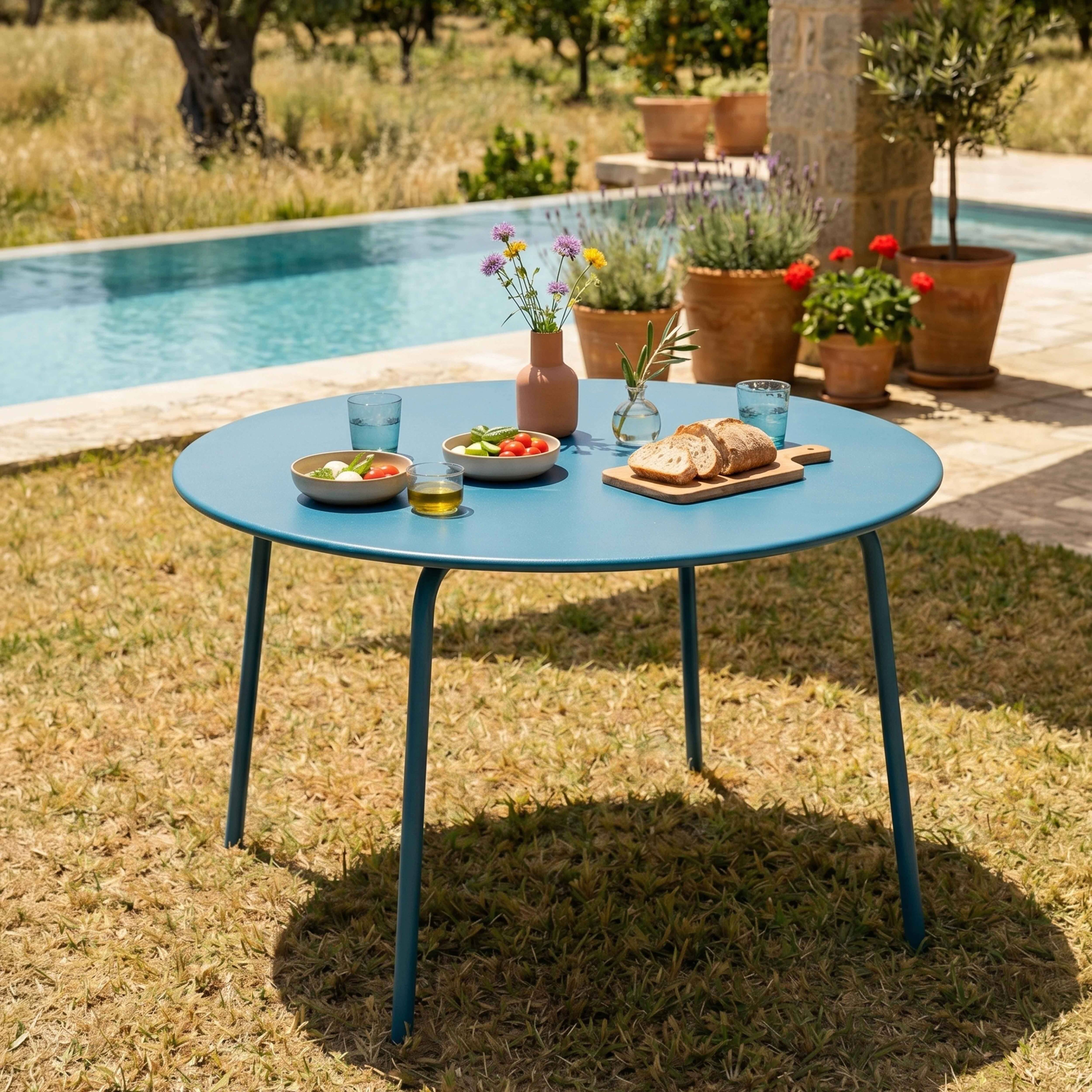 Oviala - Ensemble table de jardin ronde et 6 fauteuils acier bleu pacific Palavas - Oviala - Image 3