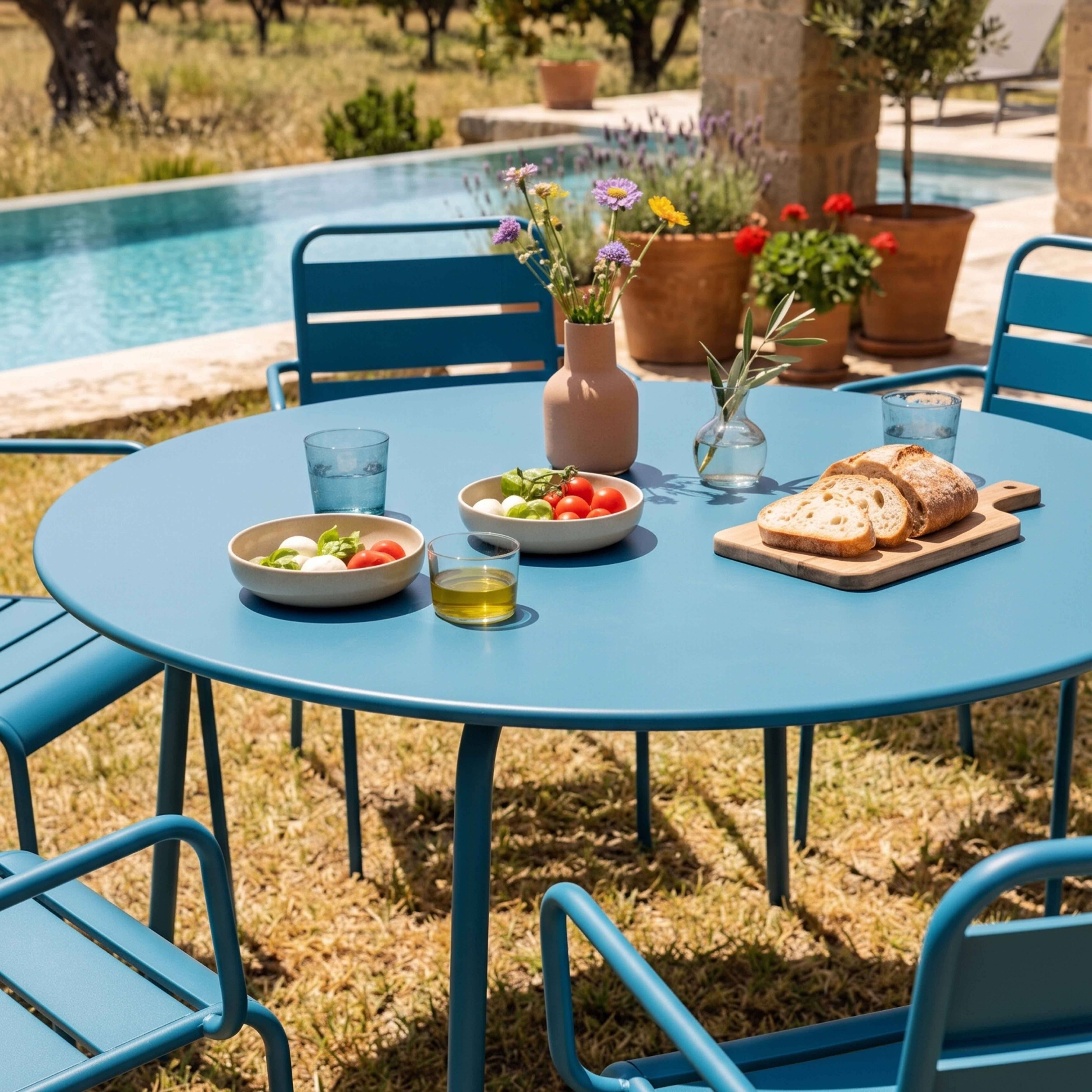 Oviala - Ensemble table de jardin ronde et 6 fauteuils acier bleu pacific Palavas - Oviala - Image 4