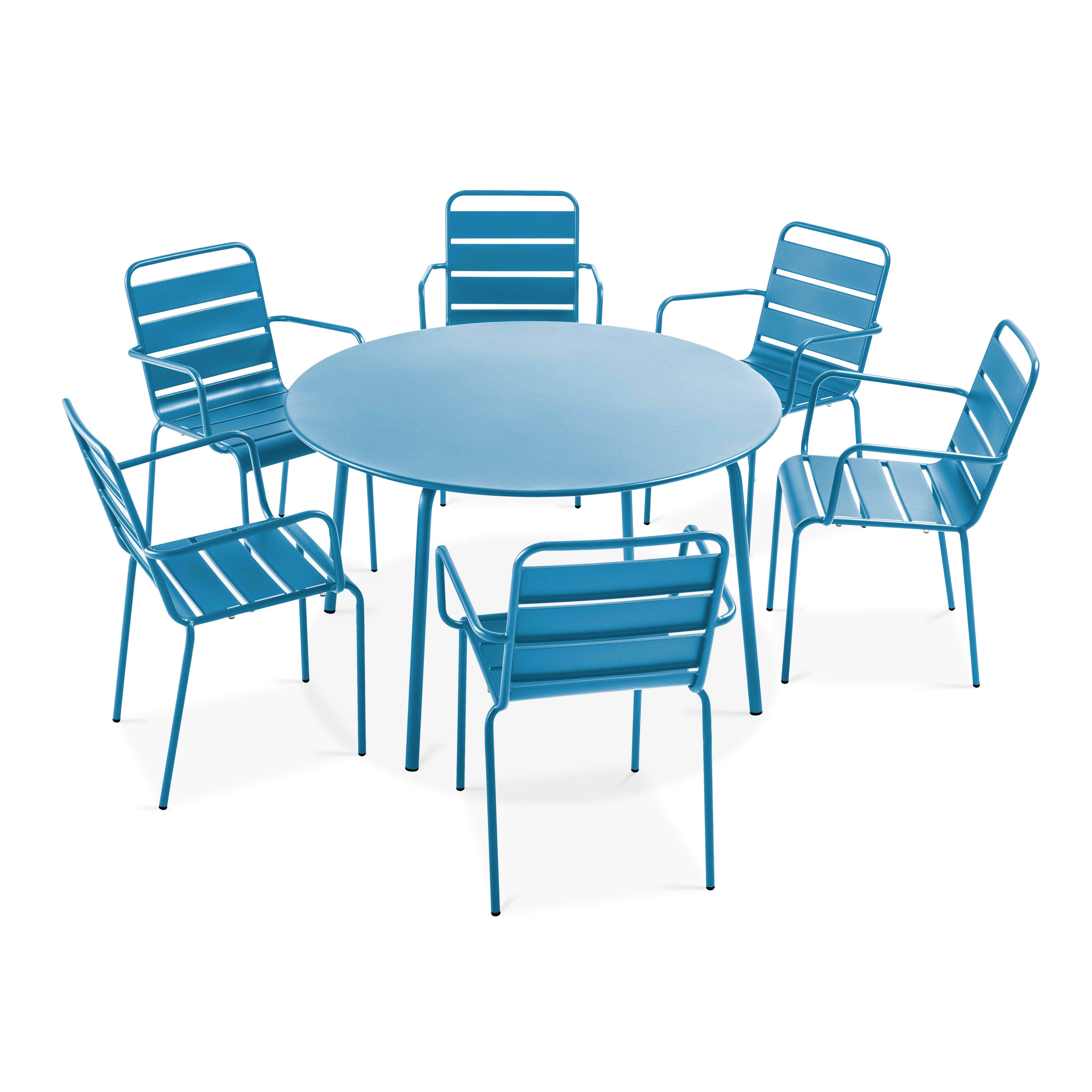 Oviala - Ensemble table de jardin ronde et 6 fauteuils acier bleu pacific Palavas - Oviala - Image 1