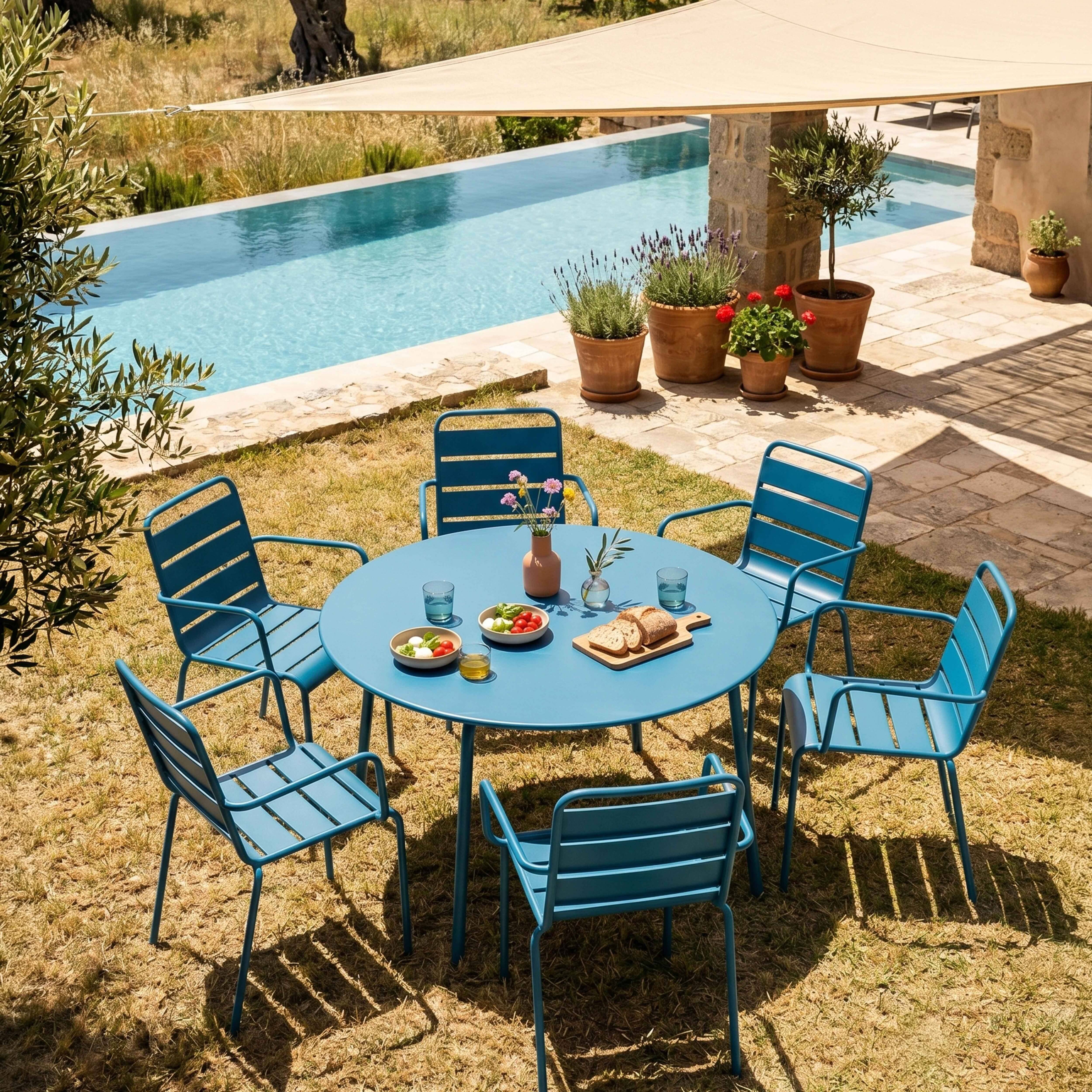 Oviala - Ensemble table de jardin ronde et 6 fauteuils acier bleu pacific Palavas - Oviala - Image 2