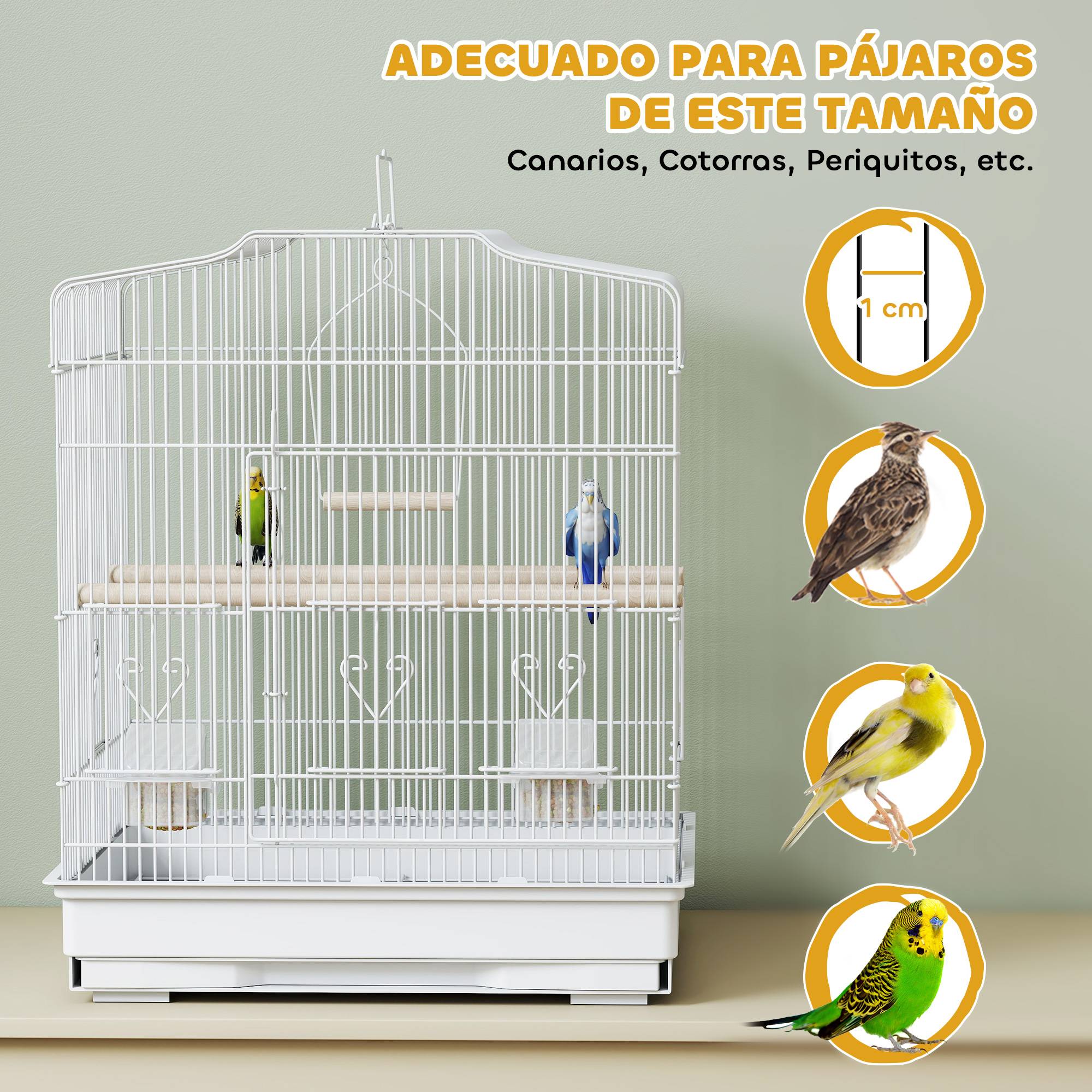 Cage pour oiseaux, volière en acier avec 2 mangeoires, 2 perchoirs, balançoire et plateau amovible, poignée, 46,5x36x59 cm, blanc - Image 9