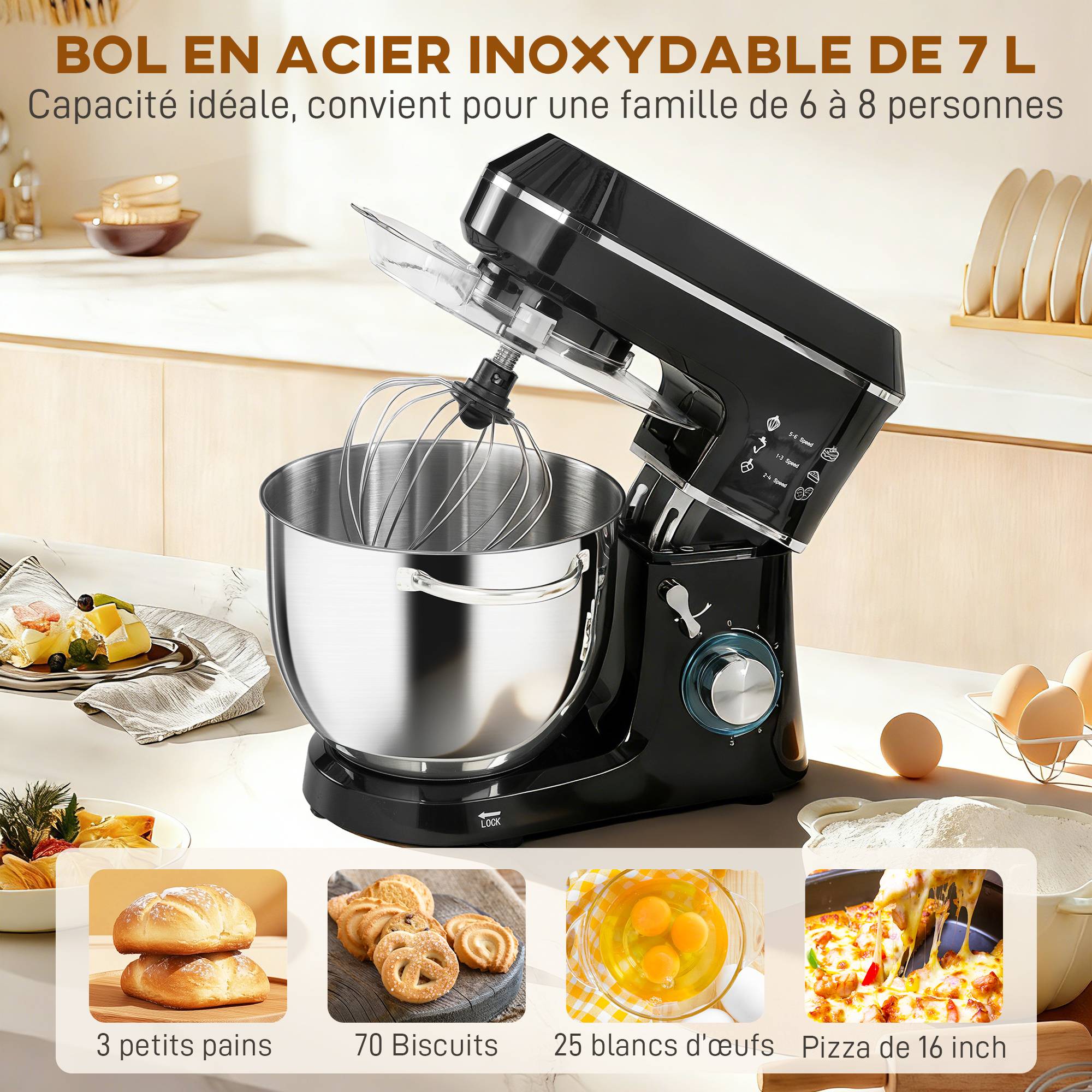 Robot pâtissier 1400W, pétrin pro 7L vitesses 6+P, crochet de pétrissage, noir - Image 7
