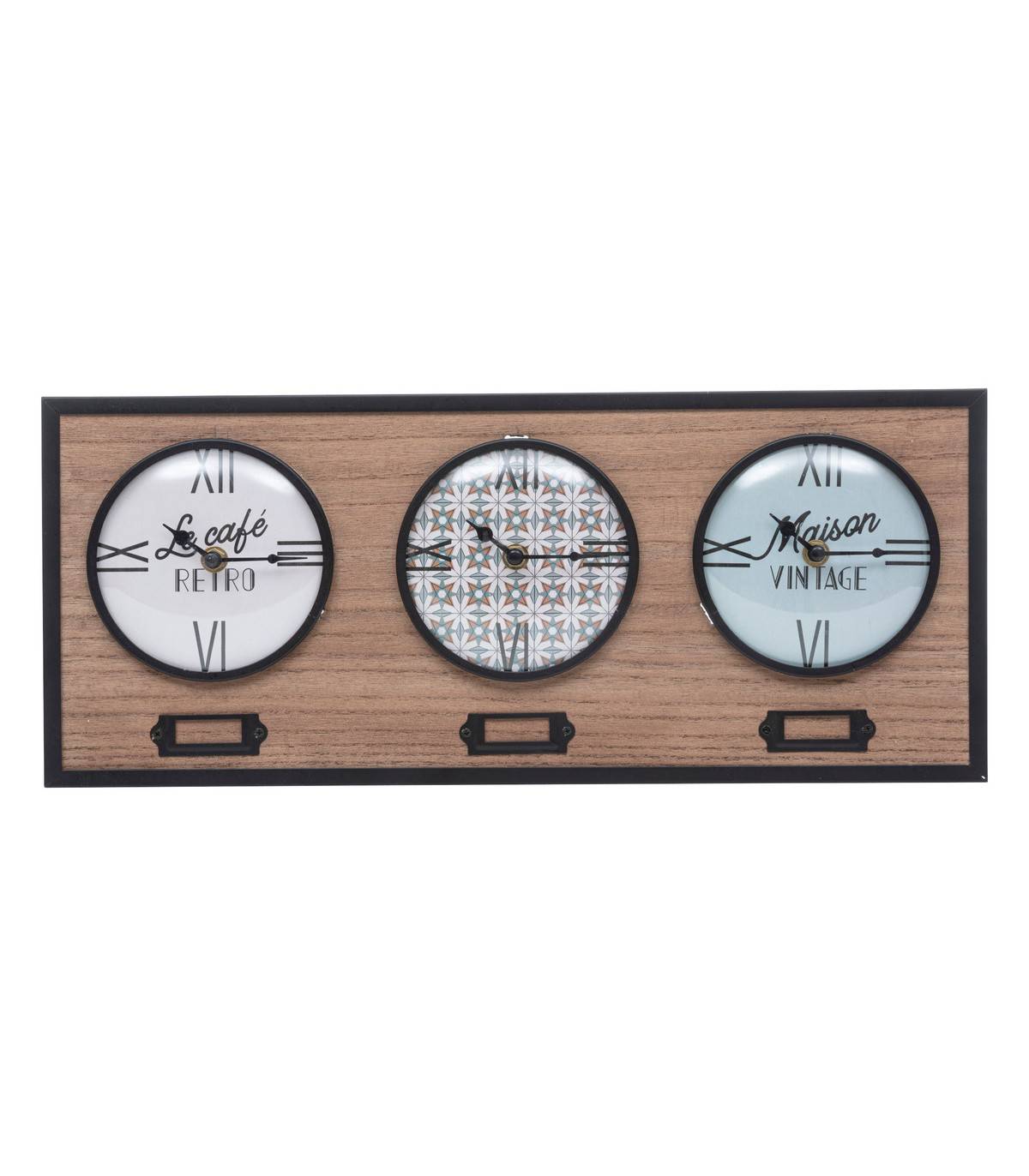 Pendule murale 3 cadrans en métal et bois 48 x 20 cm - Image 1
