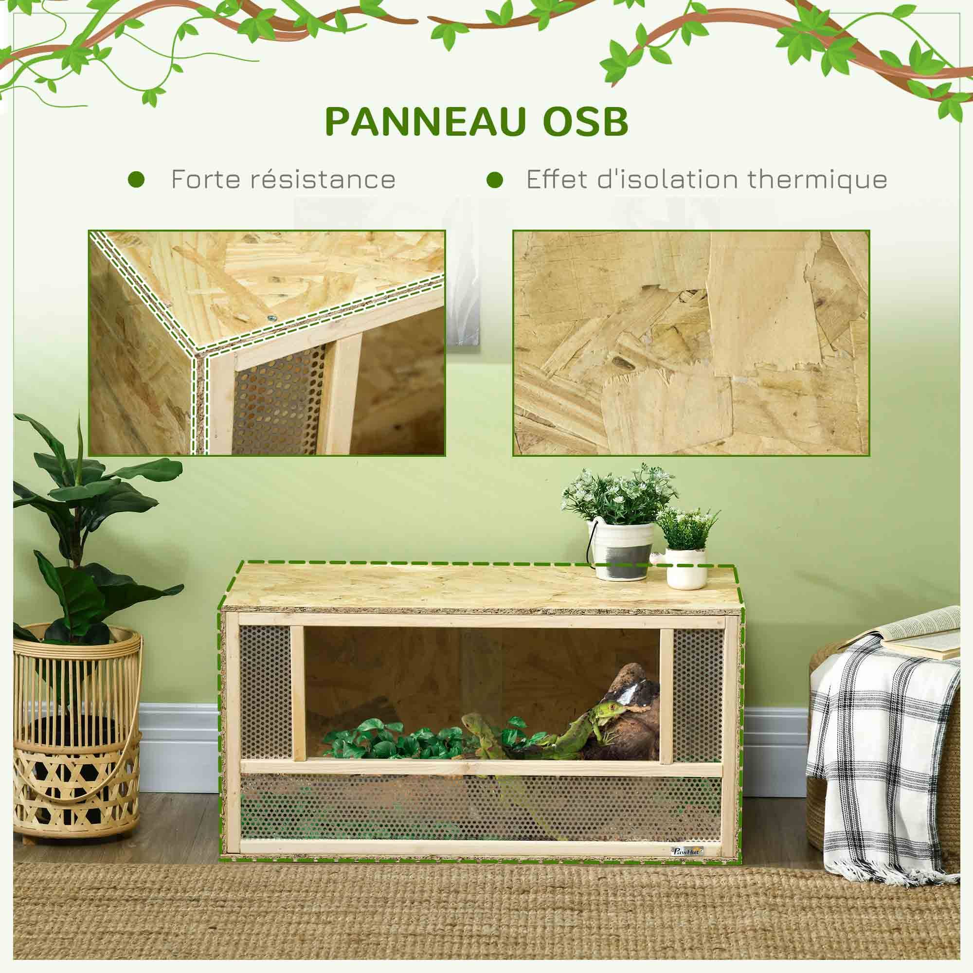 Terrarium en bois OSB pour reptiles et batraciens avec porte coulissante en verre - 80 x 40 x 40 cm naturel - Image 7