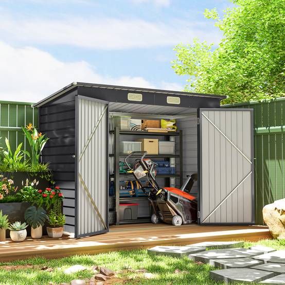 Abri de jardin tôle acier pour équipement extérieur double porte verrouillable 249cm gris - ComfortXL Outdoor Living - Image 4