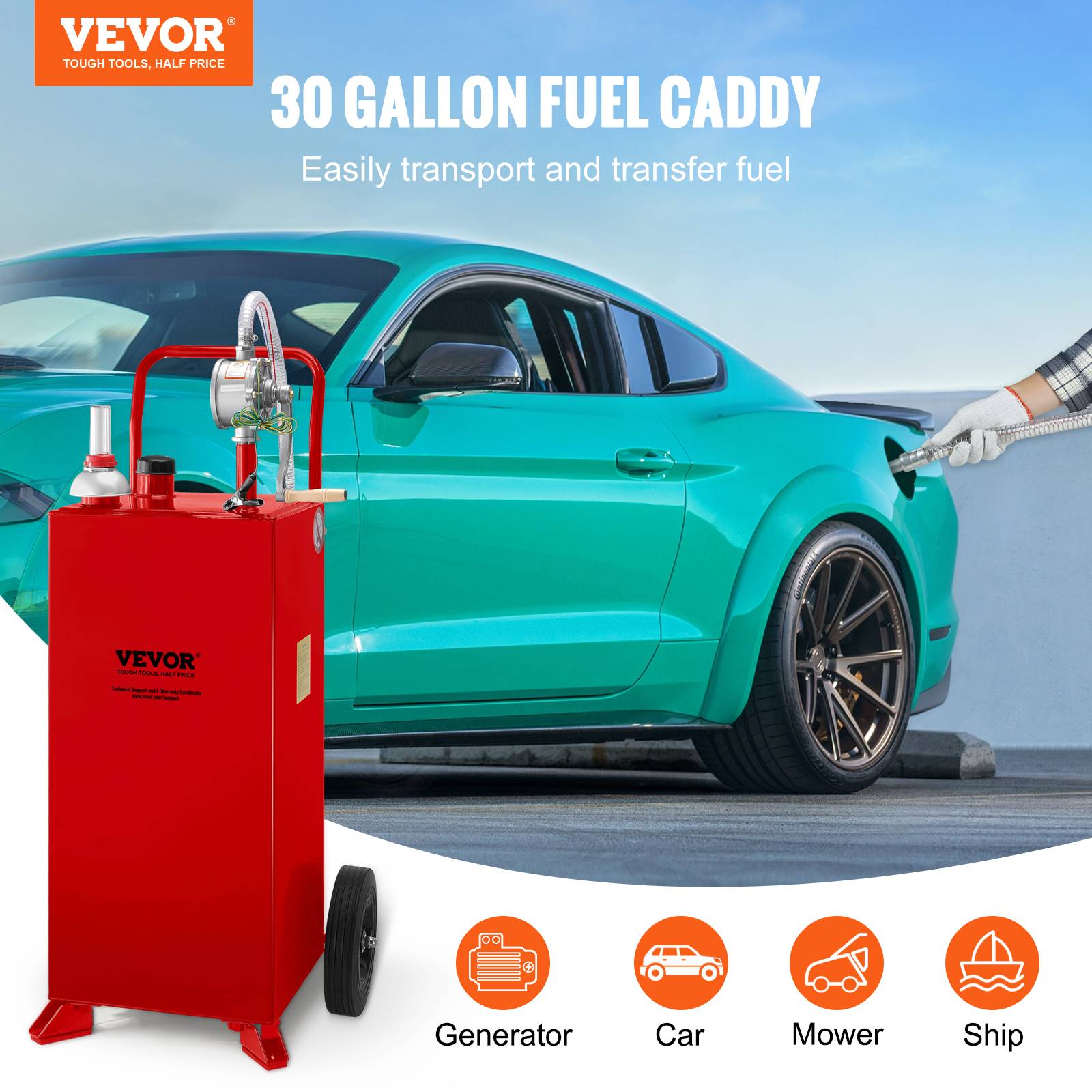 Vevor - VEVOR Chariot carburant 30 gallons, 2 roues, pompe manuelle. Essence, diesel, rouge. - Image 2
