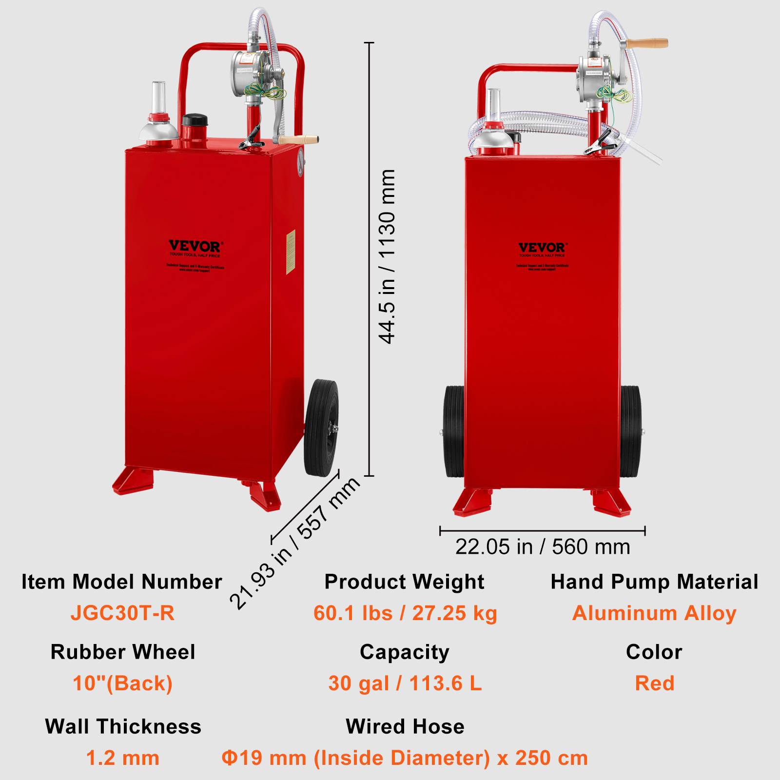 Vevor - VEVOR Chariot carburant 30 gallons, 2 roues, pompe manuelle. Essence, diesel, rouge. - Image 7