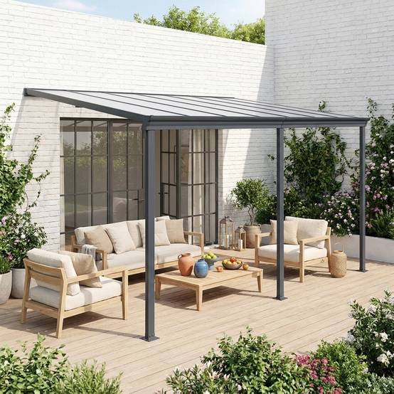 Pergola murale 3x4 m en aluminium et polycarbonate avec gouttière. pergola adossée. Avenio | sweeek - Image 1