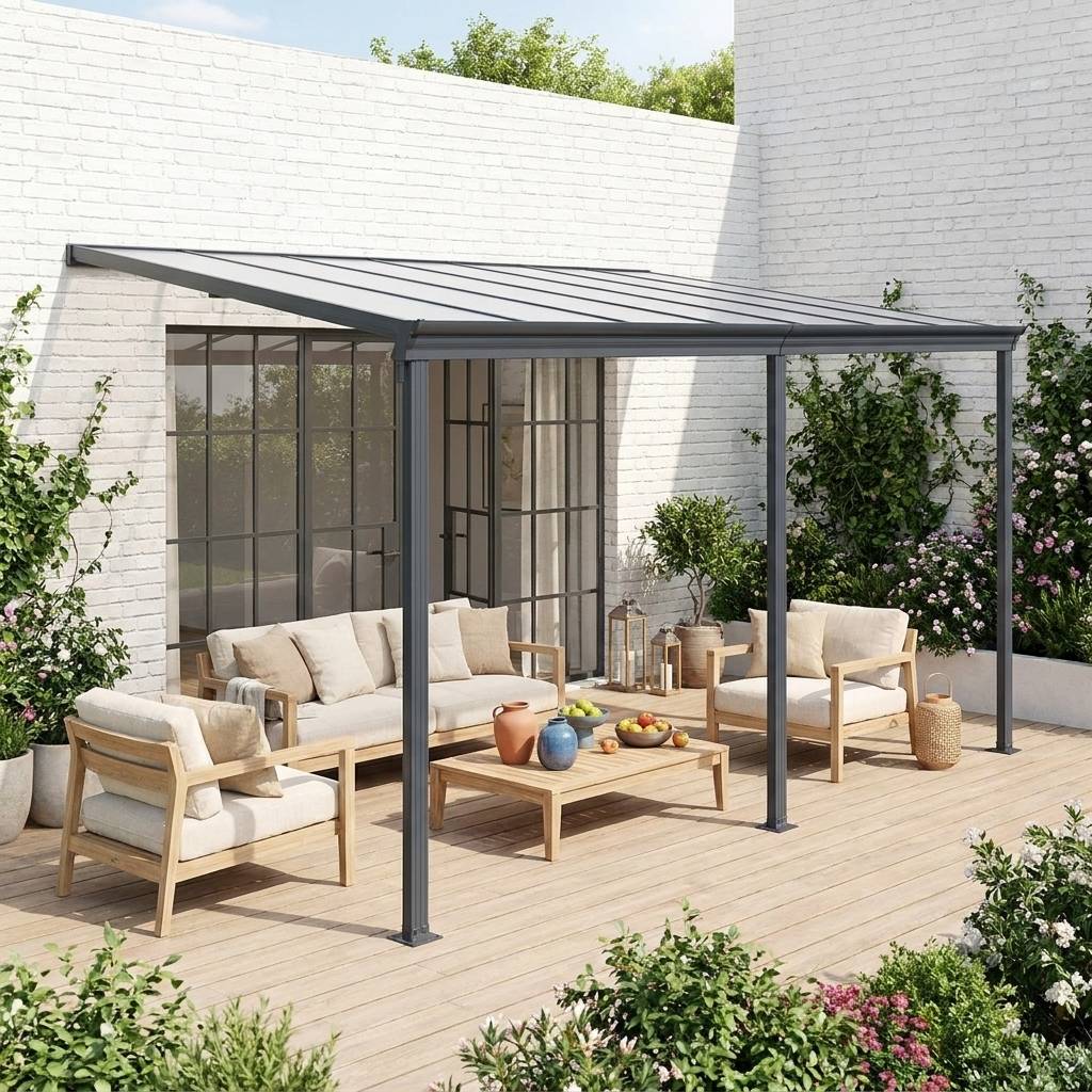 Pergola murale 3x4 m en aluminium et polycarbonate avec gouttière. pergola adossée. Avenio | sweeek - Image 1