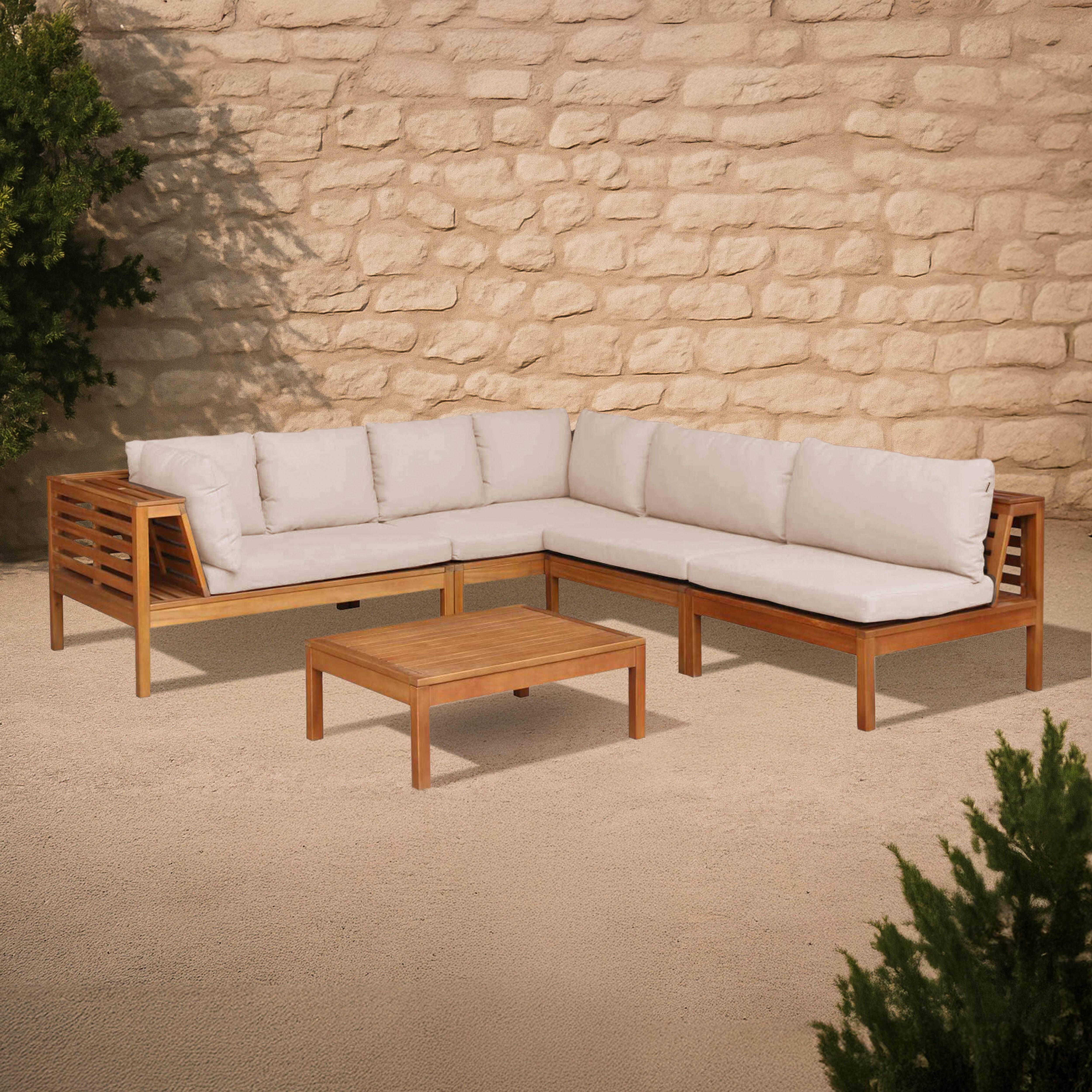Oviala - Salon de  jardin bas d'angle 5 places en bois avec table écru Maupiti Maupiti - Oviala - Image 2