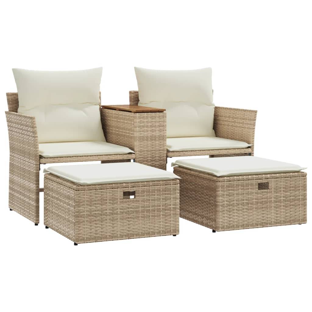 Canapé de Terrasse 2 Places Rotin Synthétique avec Table Bois Acacia et Poufs – Beige – ComfortXL Outdoor Living - Image 2