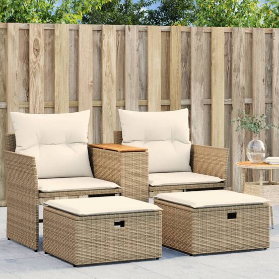 Canapé de Terrasse 2 Places Rotin Synthétique avec Table Bois Acacia et Poufs – Beige – ComfortXL Outdoor Living - Image 1