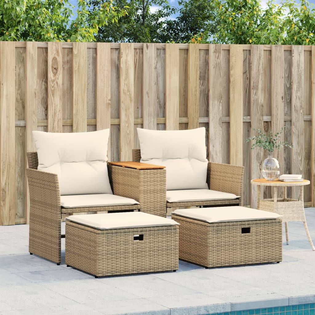 Canapé de Terrasse 2 Places Rotin Synthétique avec Table Bois Acacia et Poufs – Beige – ComfortXL Outdoor Living - Image 3