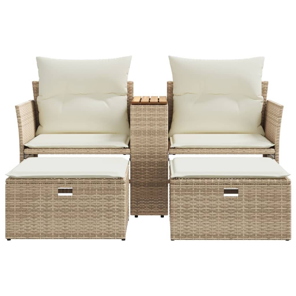 Canapé de Terrasse 2 Places Rotin Synthétique avec Table Bois Acacia et Poufs – Beige – ComfortXL Outdoor Living - Image 4