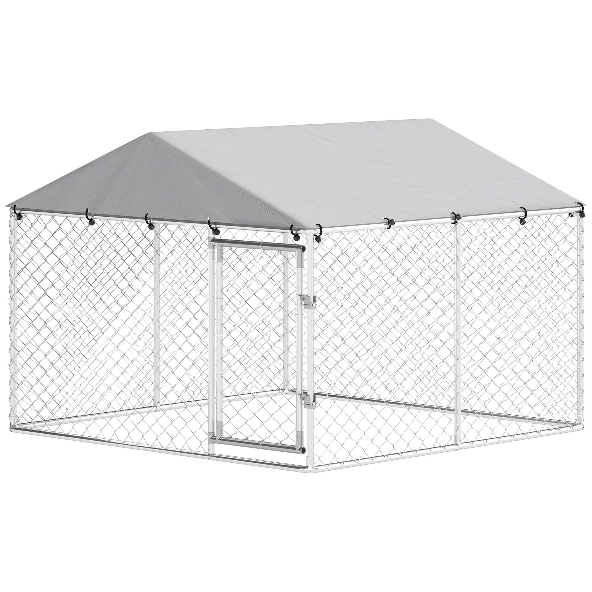 Enclos extérieur pour chien, en acier galvanisé, avec toit en PE, anti-UV, étanche, double verrouillage, argenté - Image 2