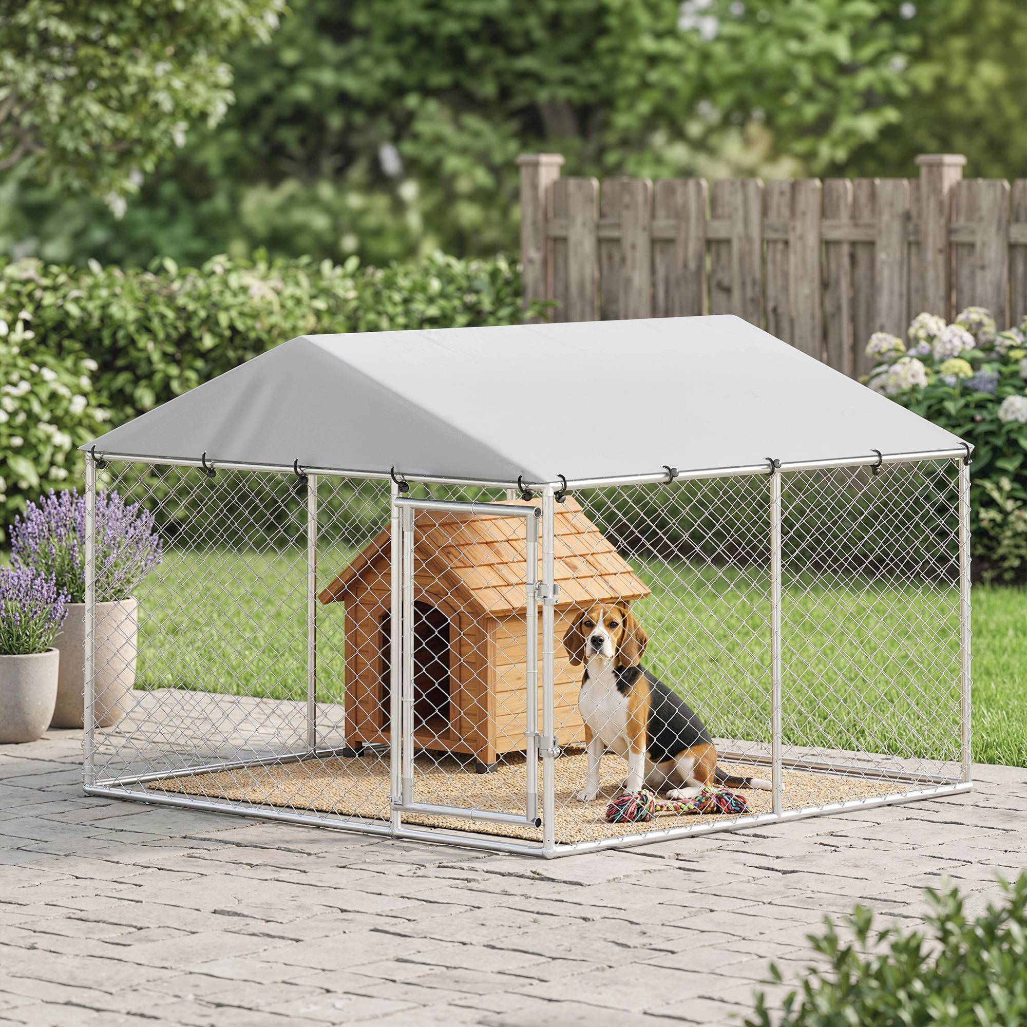 Enclos extérieur pour chien, en acier galvanisé, avec toit en PE, anti-UV, étanche, double verrouillage, argenté - Image 3
