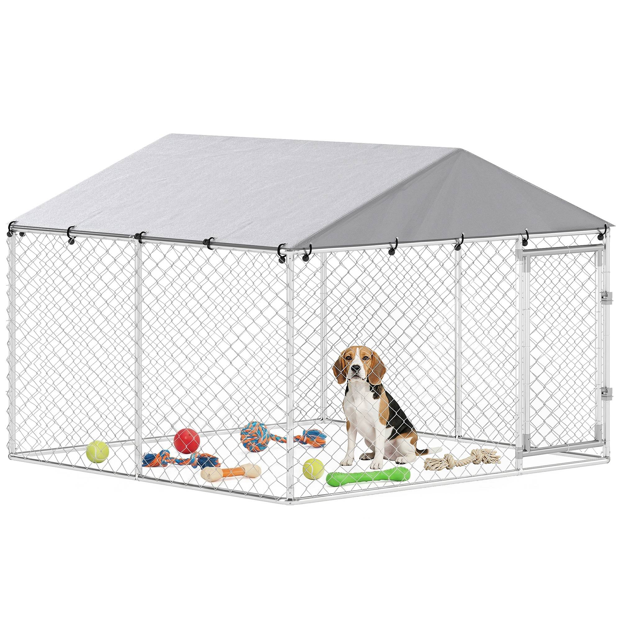 Enclos extérieur pour chien, en acier galvanisé, avec toit en PE, anti-UV, étanche, double verrouillage, argenté - Image 1