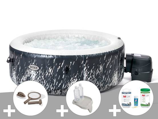 Kit spa gonflable Intex PureSpa Galaxie rond Bulles avec LED 4 places + Kit d'entretien + Porte-verre + Kit de traitement brome