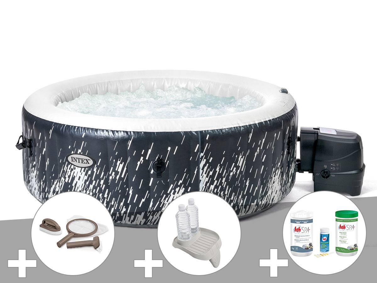 Kit spa gonflable Intex PureSpa Galaxie rond Bulles avec LED 4 places + Kit d'entretien + Porte-verre + Kit de traitement brome