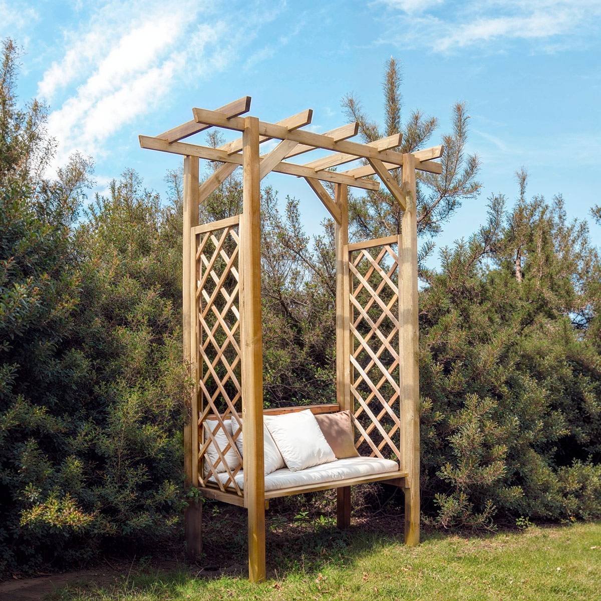 Banc 2 places avec arche traditionnel en bois - Cémonjardin - Image 2