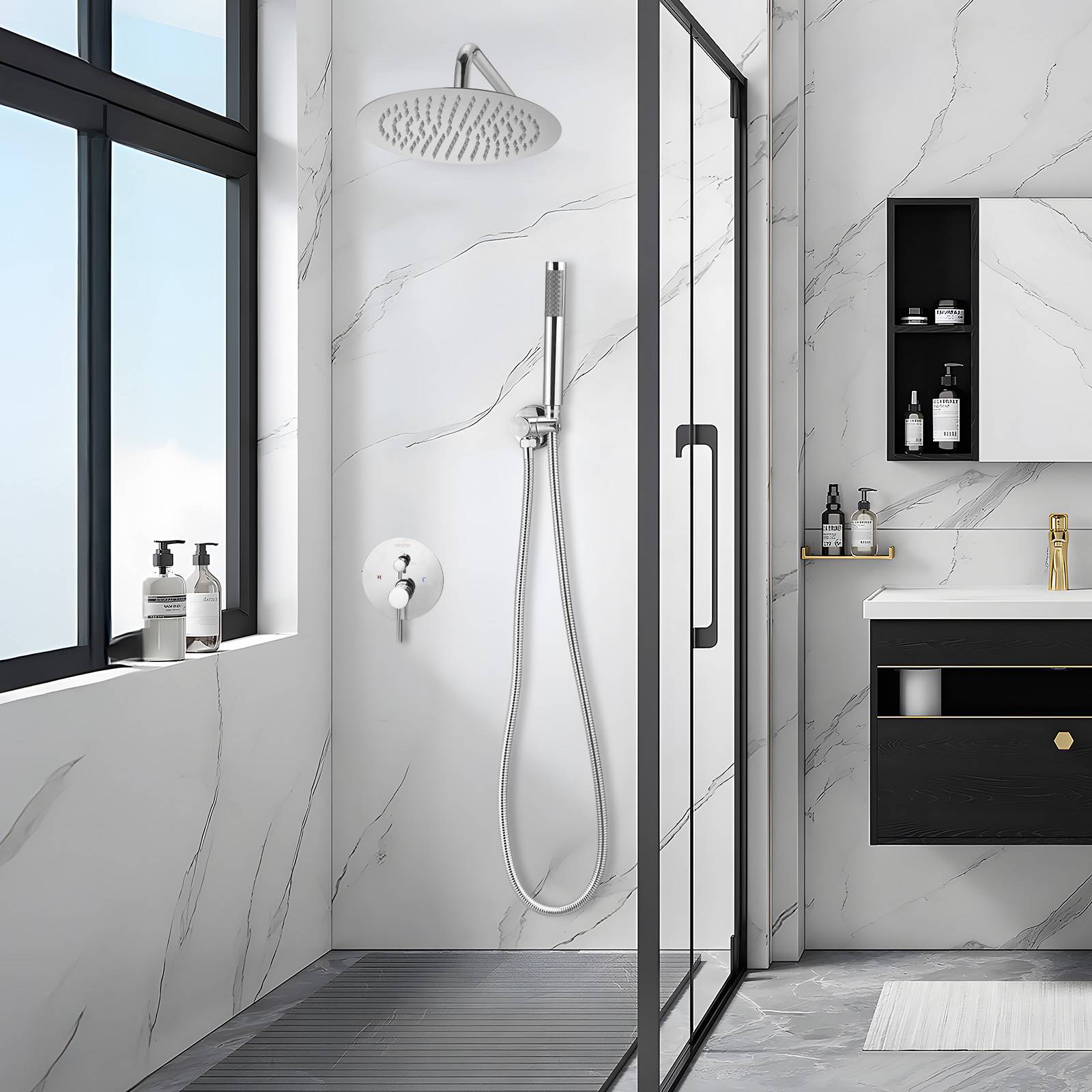 Vevor - VEVOR Kit de Douche avec Douchette de Tête Ronde 25,4 cm et à Main Argent Chromé - Image 8
