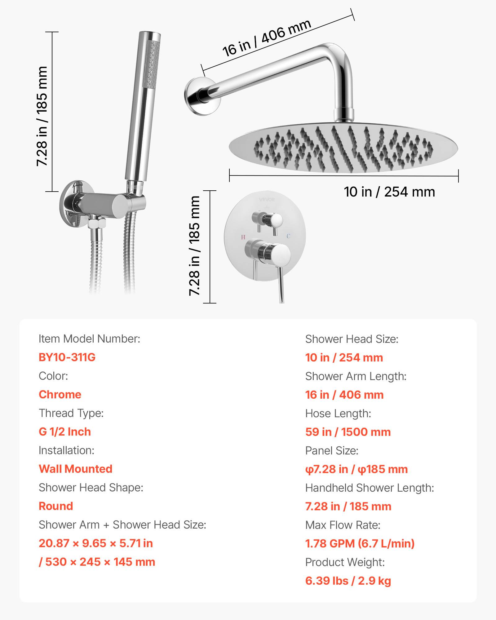 Vevor - VEVOR Kit de Douche avec Douchette de Tête Ronde 25,4 cm et à Main Argent Chromé - Image 7