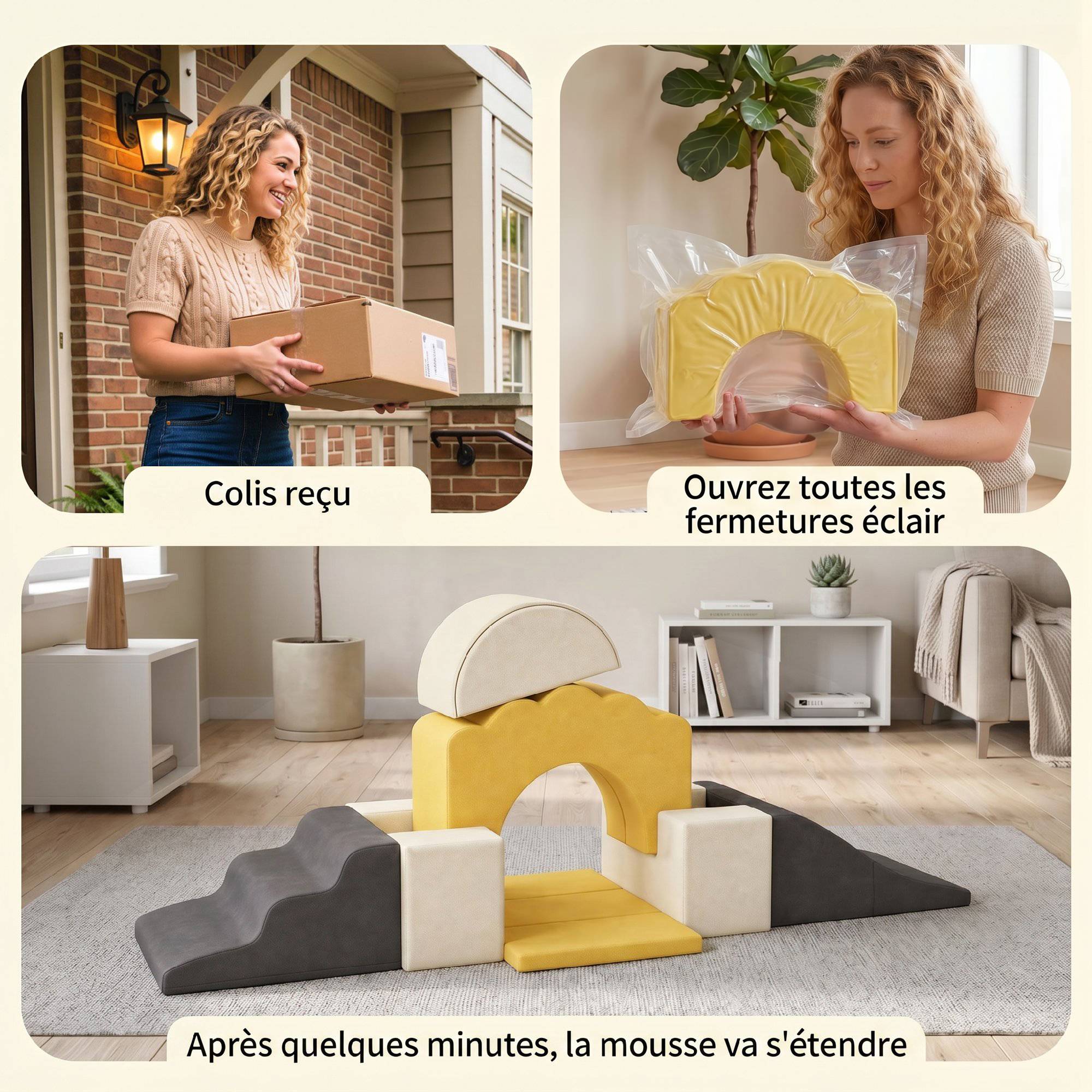Parcours motricité bébé blocs mousse éducatifs modulables 7 pièces housse lavable en velours base antidérapante jaune - Image 9