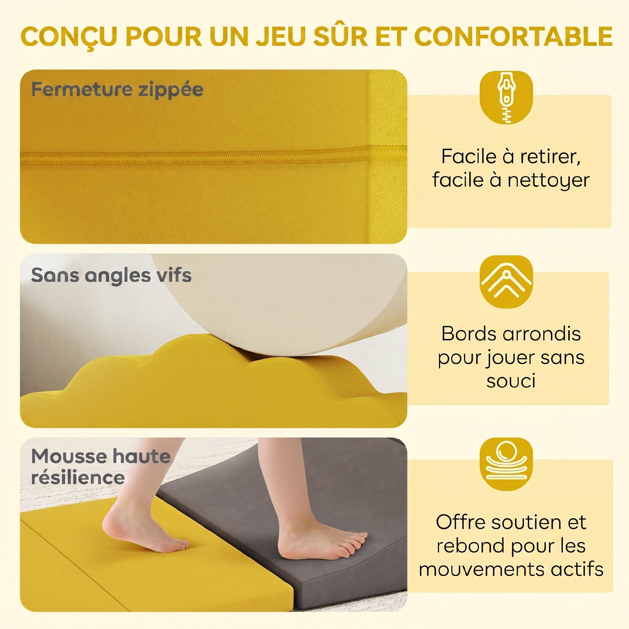 Parcours motricité bébé blocs mousse éducatifs modulables 7 pièces housse lavable en velours base antidérapante jaune - Image 7