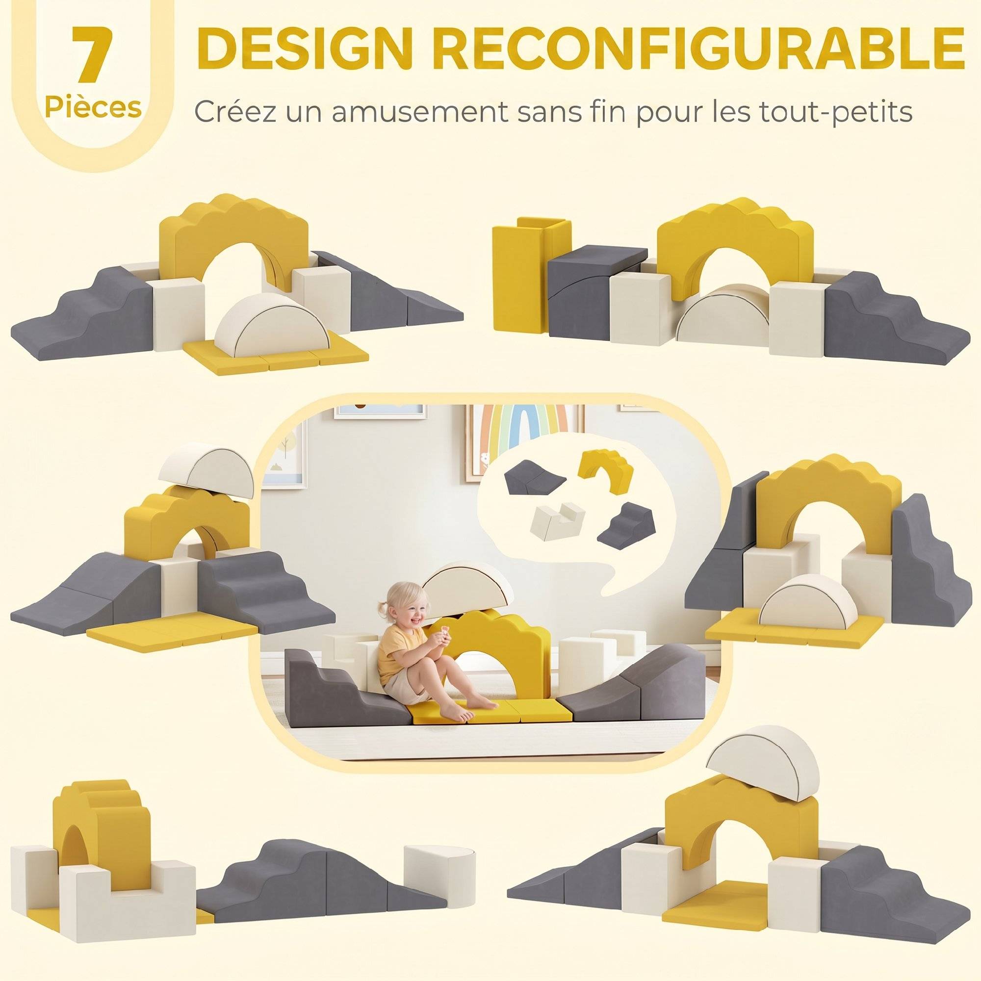 Parcours motricité bébé blocs mousse éducatifs modulables 7 pièces housse lavable en velours base antidérapante jaune - Image 6