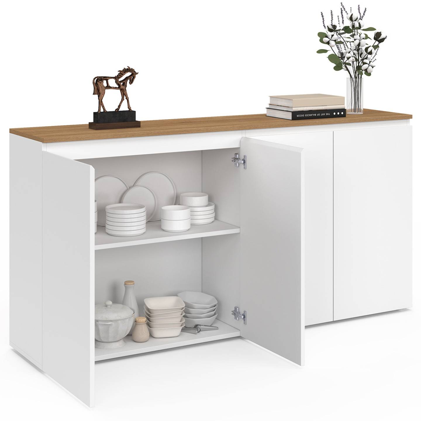 Buffet 160 cm TOBY 4 portes blanc et plateau bois - Image 4