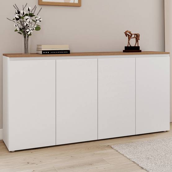 Buffet 160 cm TOBY 4 portes blanc et plateau bois - Image 1