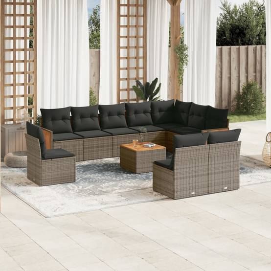 Salon de Jardin 10 Places Résine Tressée Gris Table Bois Acacia pour Terrasse Extérieure – ComfortXL Outdoor Living - Image 1
