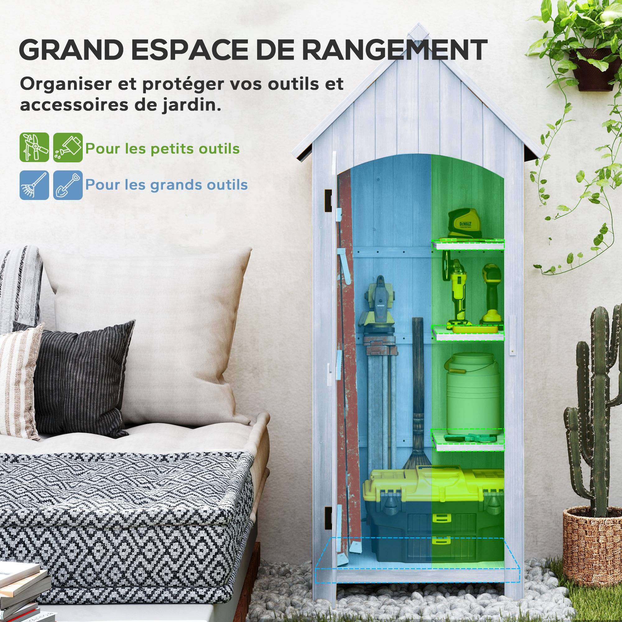 Outsunny - Abri de jardin en bois 77,5x54,2x179,5 cm avec toit bitumé, 3 étagères, porte à loquet, rangement extérieur pour terrasse blanc - Outsunny - Image 5