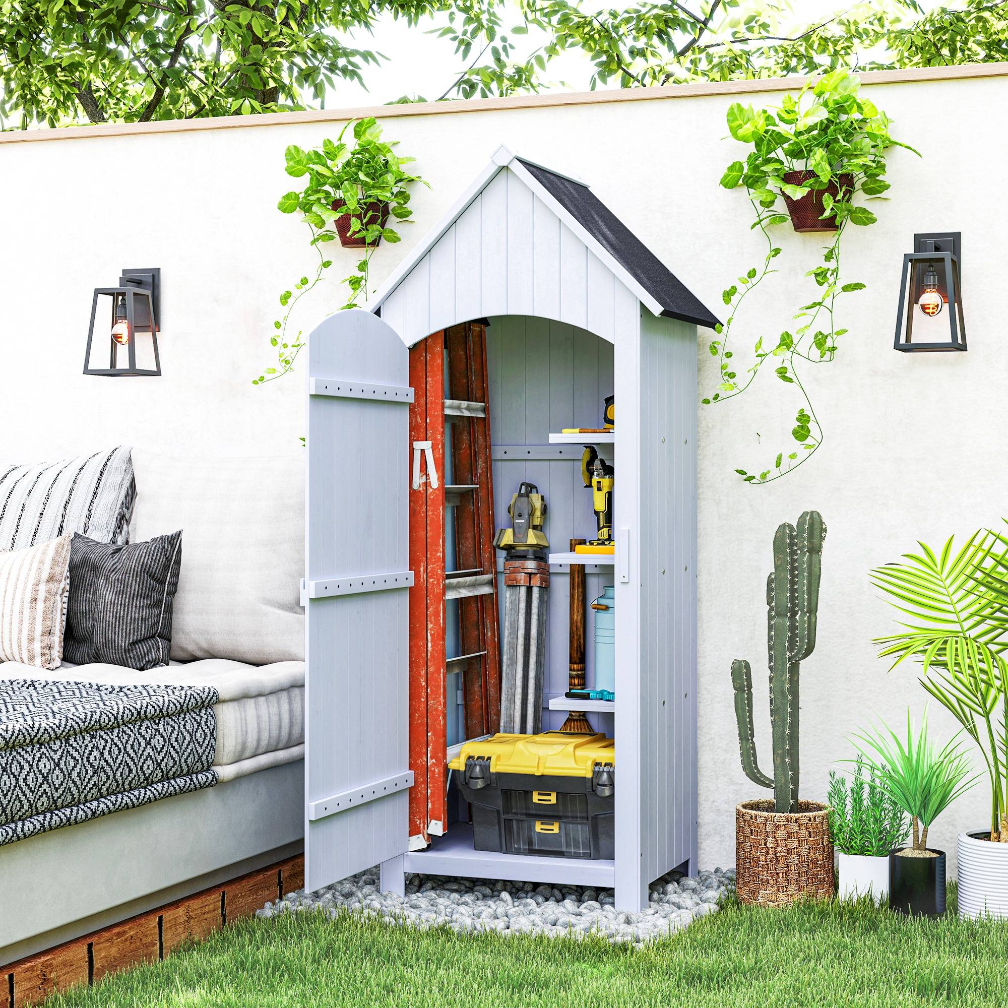 Outsunny - Abri de jardin en bois 77,5x54,2x179,5 cm avec toit bitumé, 3 étagères, porte à loquet, rangement extérieur pour terrasse blanc - Outsunny - Image 2