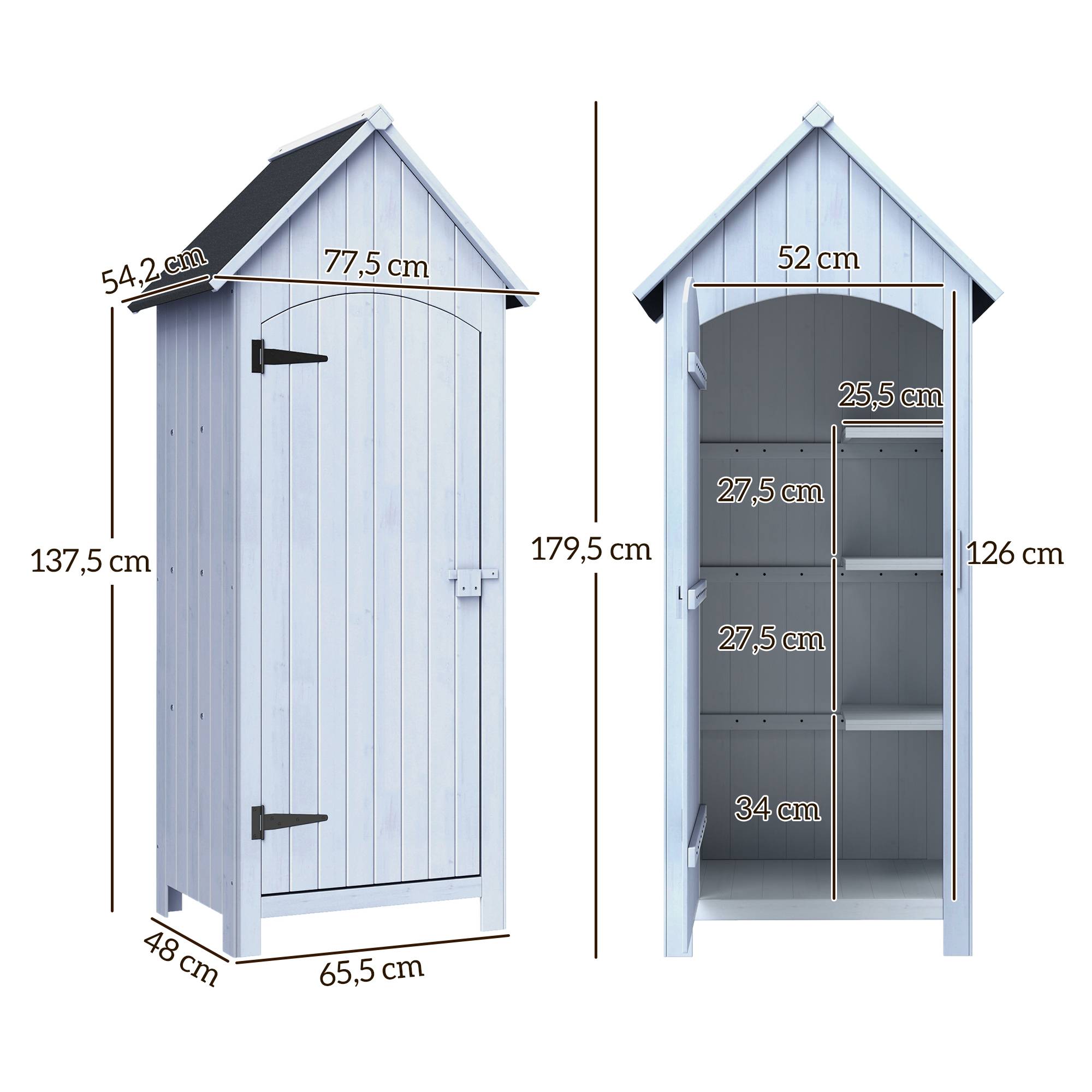 Outsunny - Abri de jardin en bois 77,5x54,2x179,5 cm avec toit bitumé, 3 étagères, porte à loquet, rangement extérieur pour terrasse blanc - Outsunny - Image 3