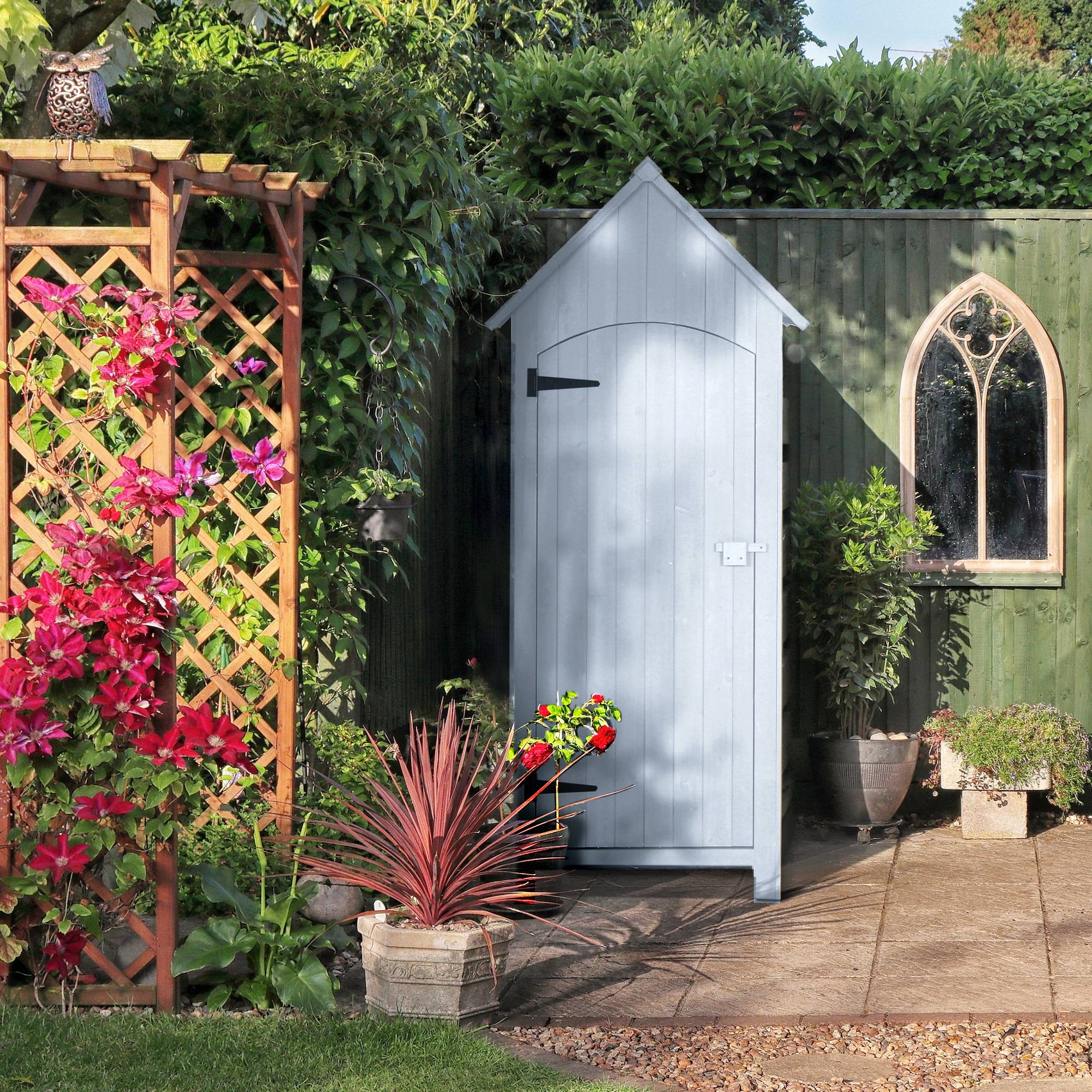 Outsunny - Abri de jardin en bois 77,5x54,2x179,5 cm avec toit bitumé, 3 étagères, porte à loquet, rangement extérieur pour terrasse blanc - Outsunny - Image 8
