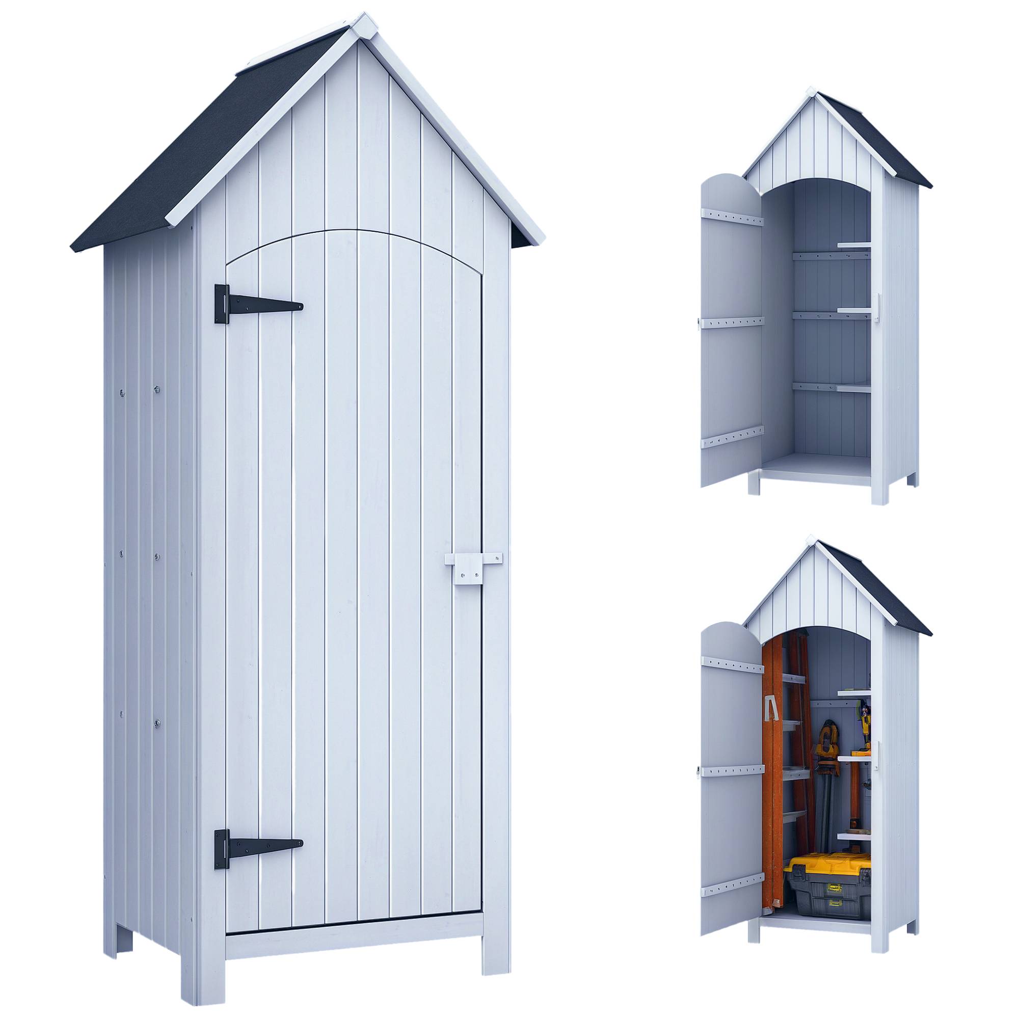 Outsunny - Abri de jardin en bois 77,5x54,2x179,5 cm avec toit bitumé, 3 étagères, porte à loquet, rangement extérieur pour terrasse blanc - Outsunny - Image 1