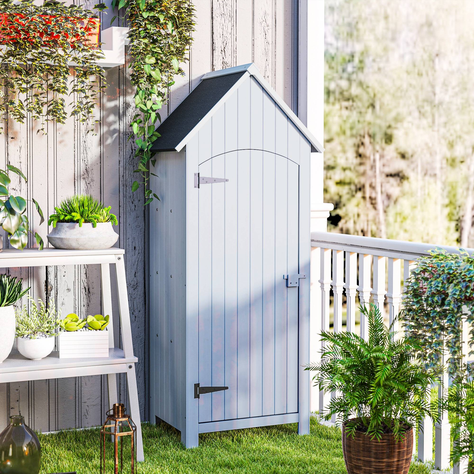 Outsunny - Abri de jardin en bois 77,5x54,2x179,5 cm avec toit bitumé, 3 étagères, porte à loquet, rangement extérieur pour terrasse blanc - Outsunny - Image 7