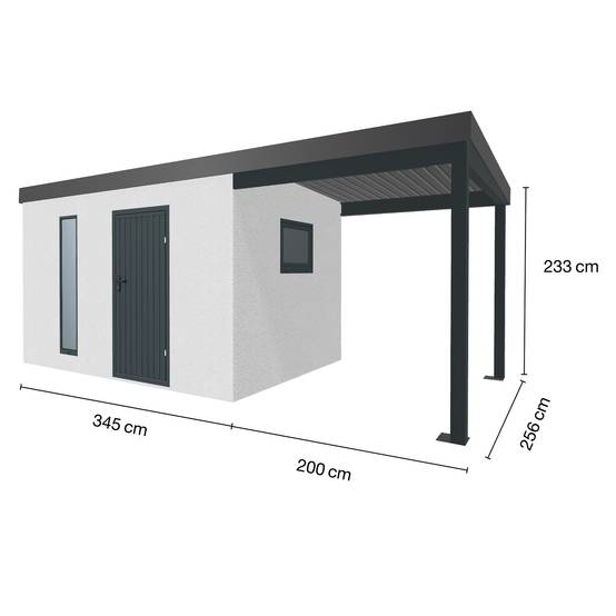 Abri de jardin en métal finition crépi 3450 x 2560 mm blanc avec auvent à droite 2000 x 2560 mm anthracite - Image 1