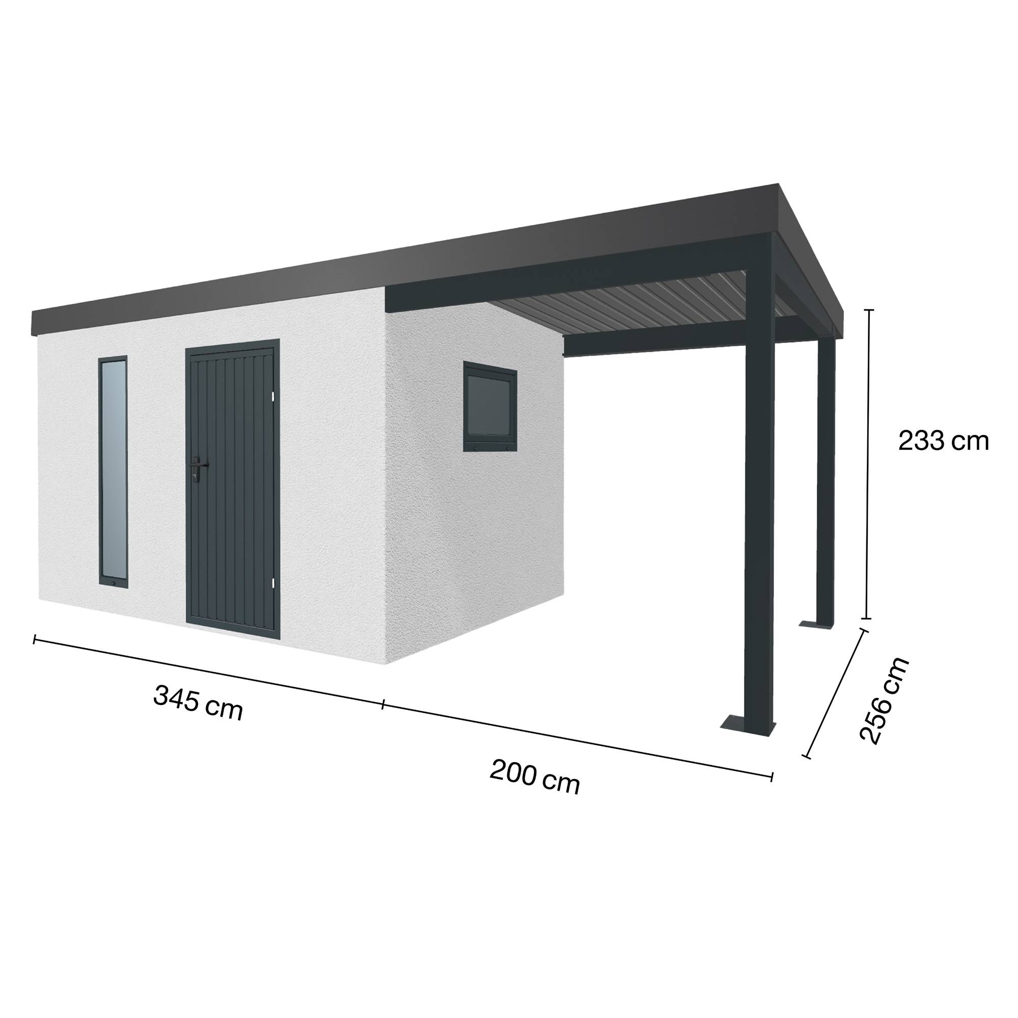 Abri de jardin en métal finition crépi 3450 x 2560 mm blanc avec auvent à droite 2000 x 2560 mm anthracite - Image 1