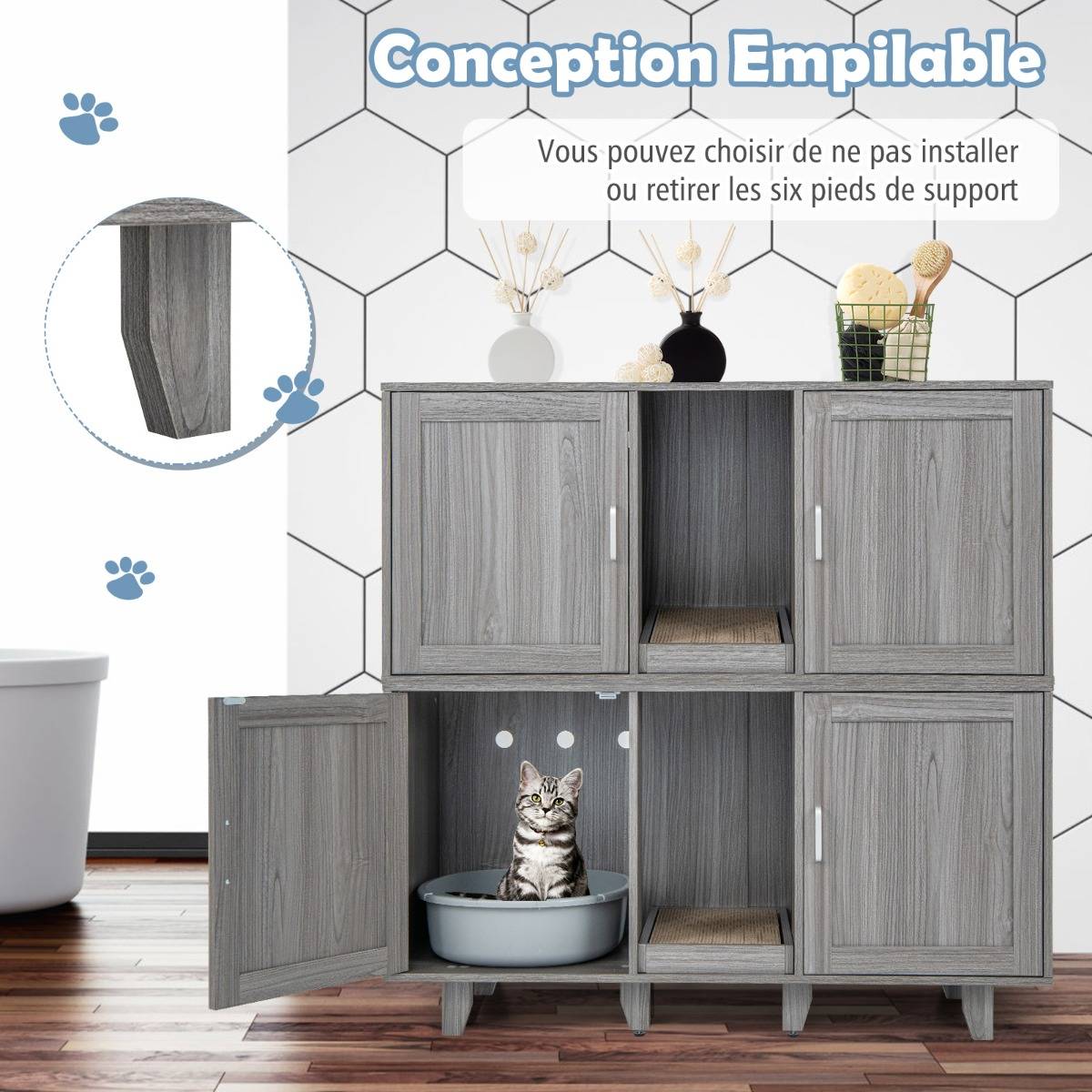 Maison de Toilette pour Chat 2 Portes Planche à Gratter Amovible Meuble Bac à Litière pour Chat 2 Compartiments Gris+Noyer - Image 8